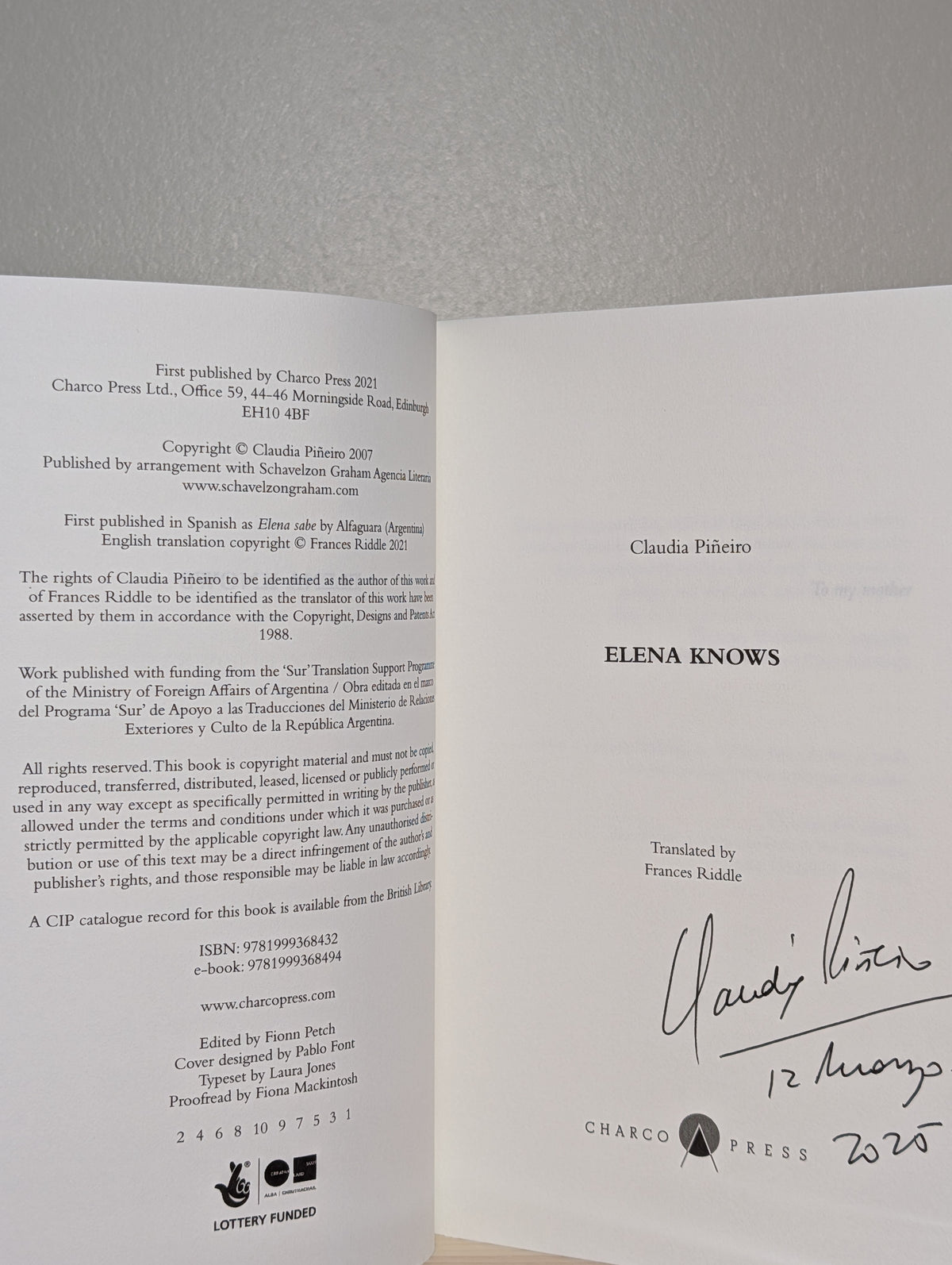 Elena Knows by Claudia Pineiro (Signed Dated First Edition)