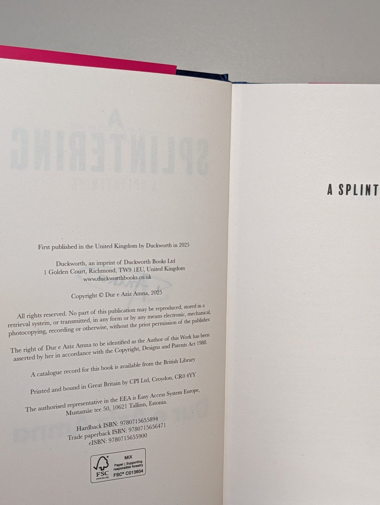 A Splintering by Dur E Aziz Amna (Signed First Edition) - Fialta Books