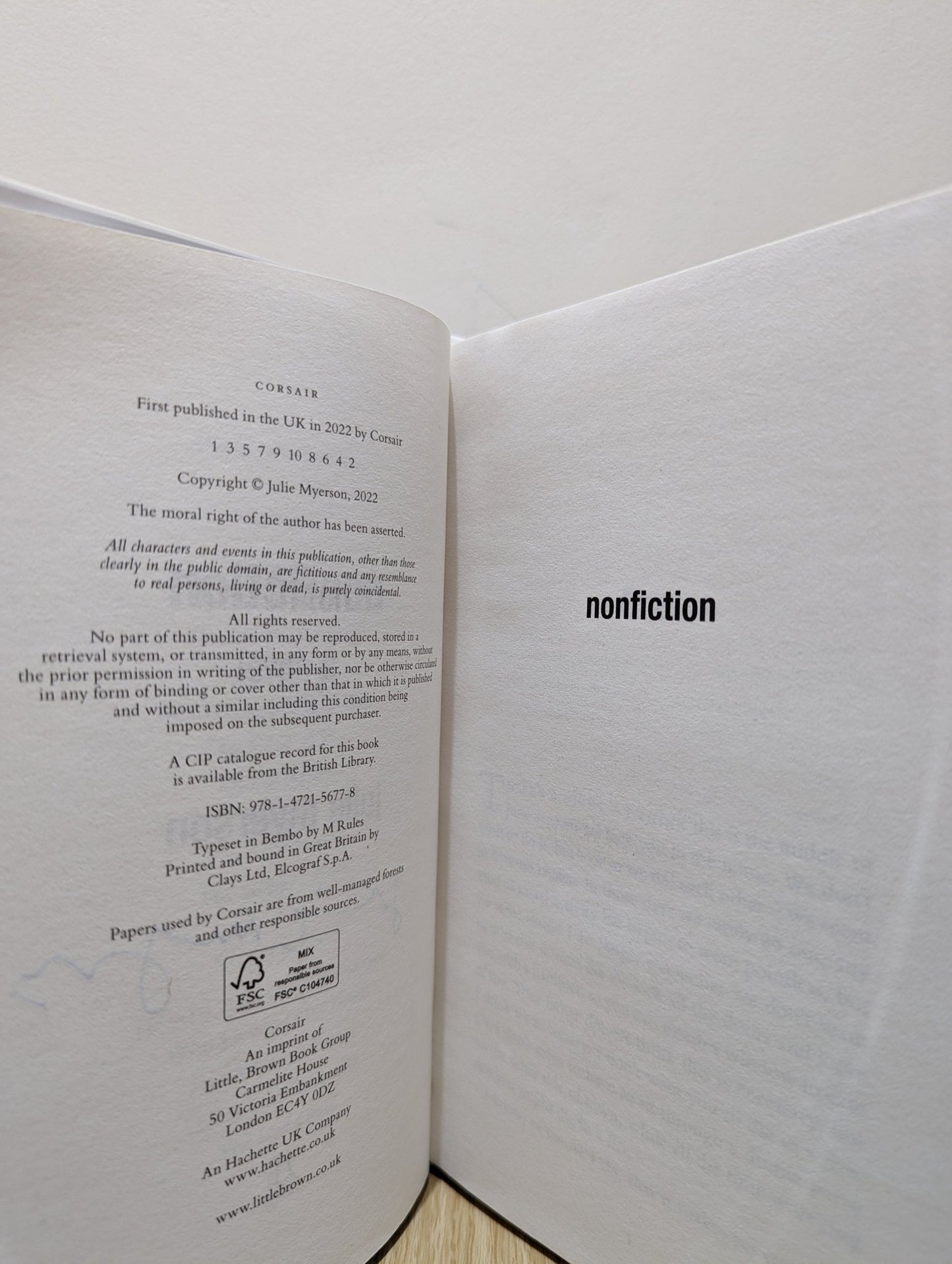 Nonfiction: A novel by Julie Myerson (Signed First Edition) - Fialta Books