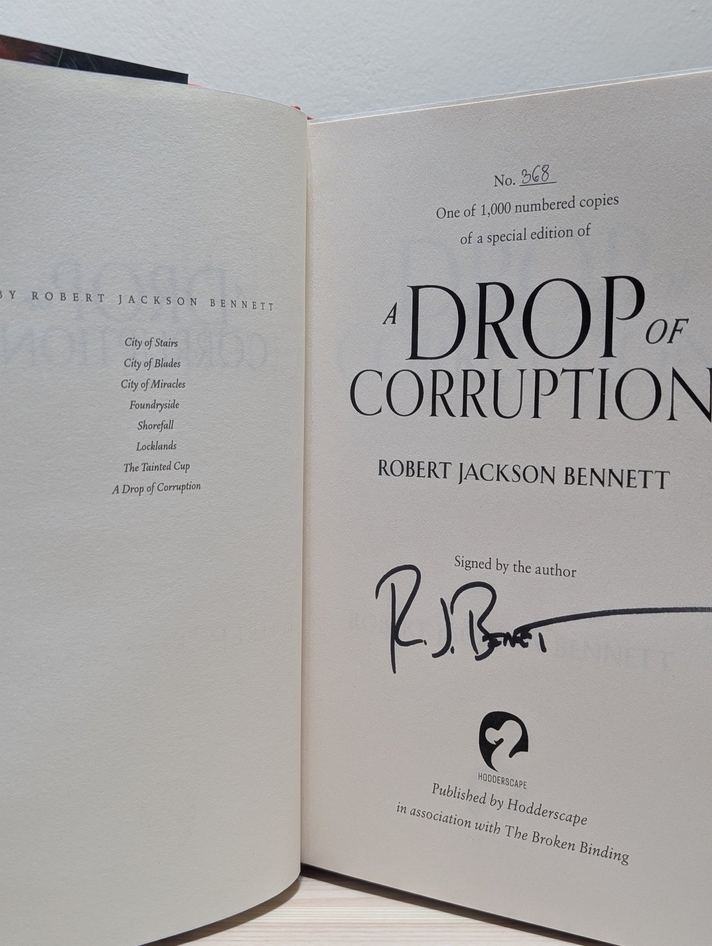 The Tainted Cup; A Drop of Corruption by Robert Jackson Bennett (Signed Numbered First Edition Set with sprayed edges) - Fialta Books