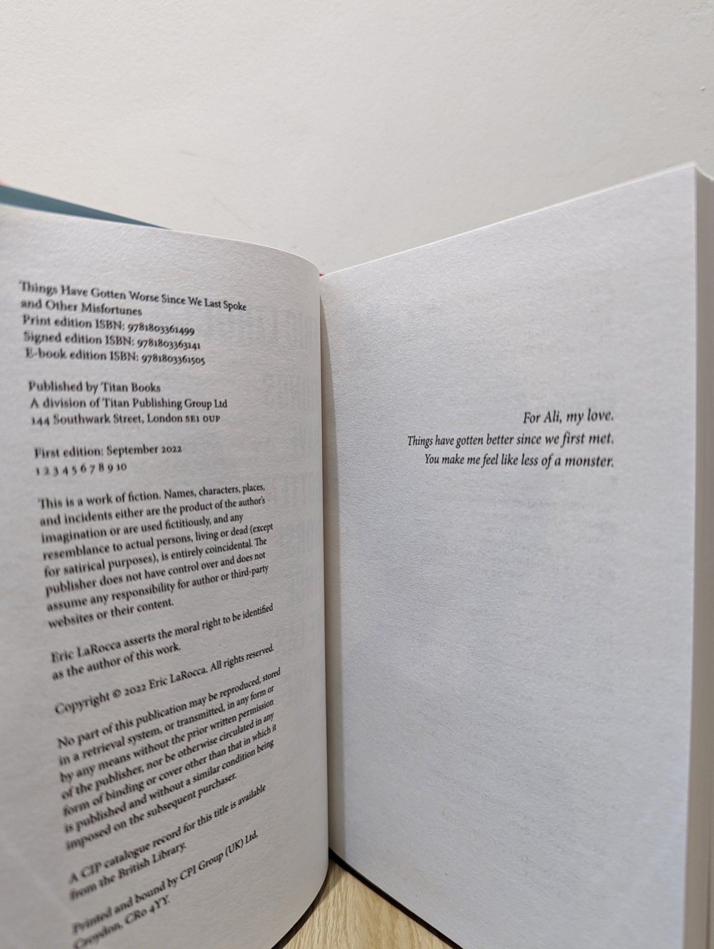 Things Have Gotten Worse Since We Last Spoke And Other Misfortunes by Eric LaRocca (Signed First Edition) - Fialta Books