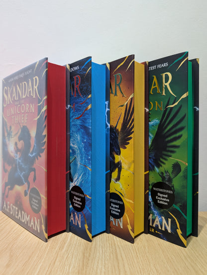 Skandar and the Unicorn Thief; Skandar and the Phantom Rider; Skandar and the Chaos Trials; Skandar and the Skeleton Curse (Signed First Edition Set with sprayed edges)