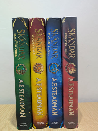 Skandar and the Unicorn Thief; Skandar and the Phantom Rider; Skandar and the Chaos Trials; Skandar and the Skeleton Curse (Signed First Edition Set with sprayed edges)