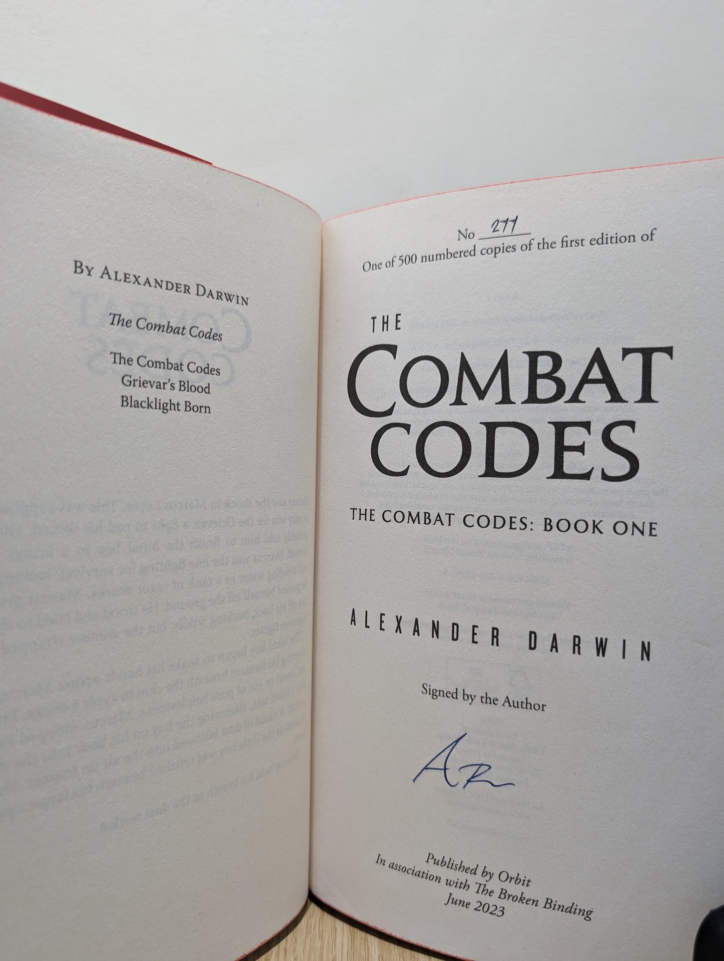 The Combat Codes; Grievar's Blood (Signed Numbered First Edition with sprayed edges)