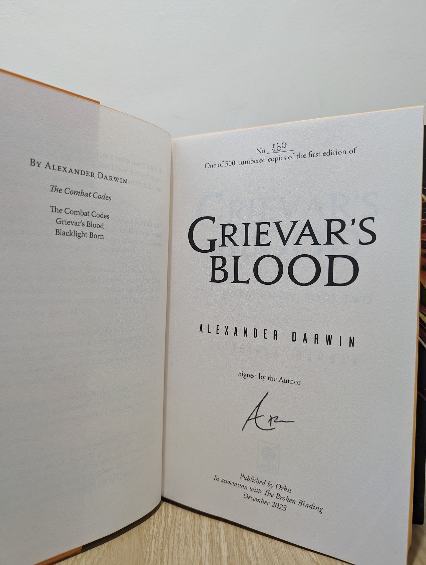 The Combat Codes; Grievar's Blood (Signed Numbered First Edition with sprayed edges)