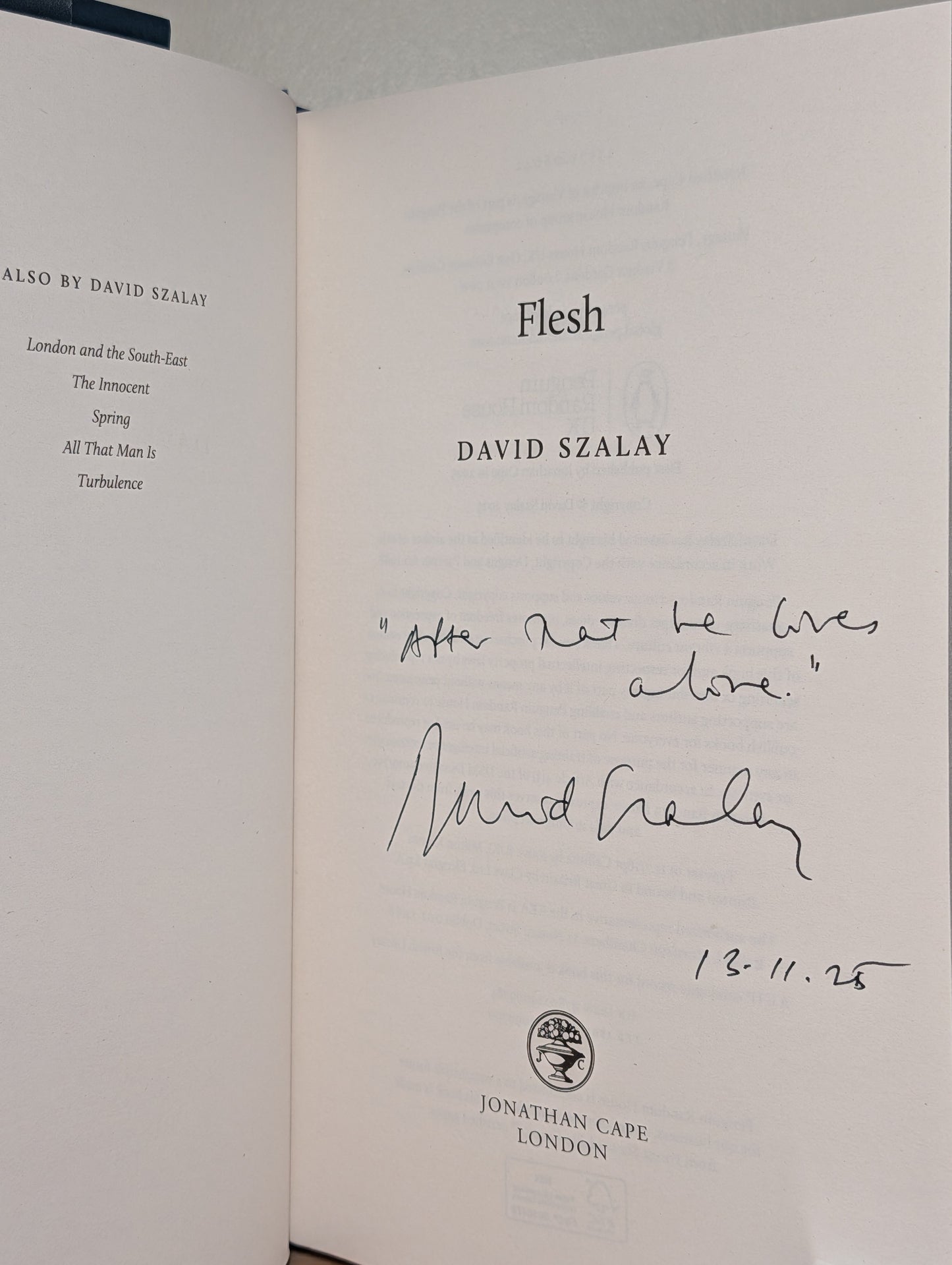 Flesh by David Szalay (Signed Lined First Edition)