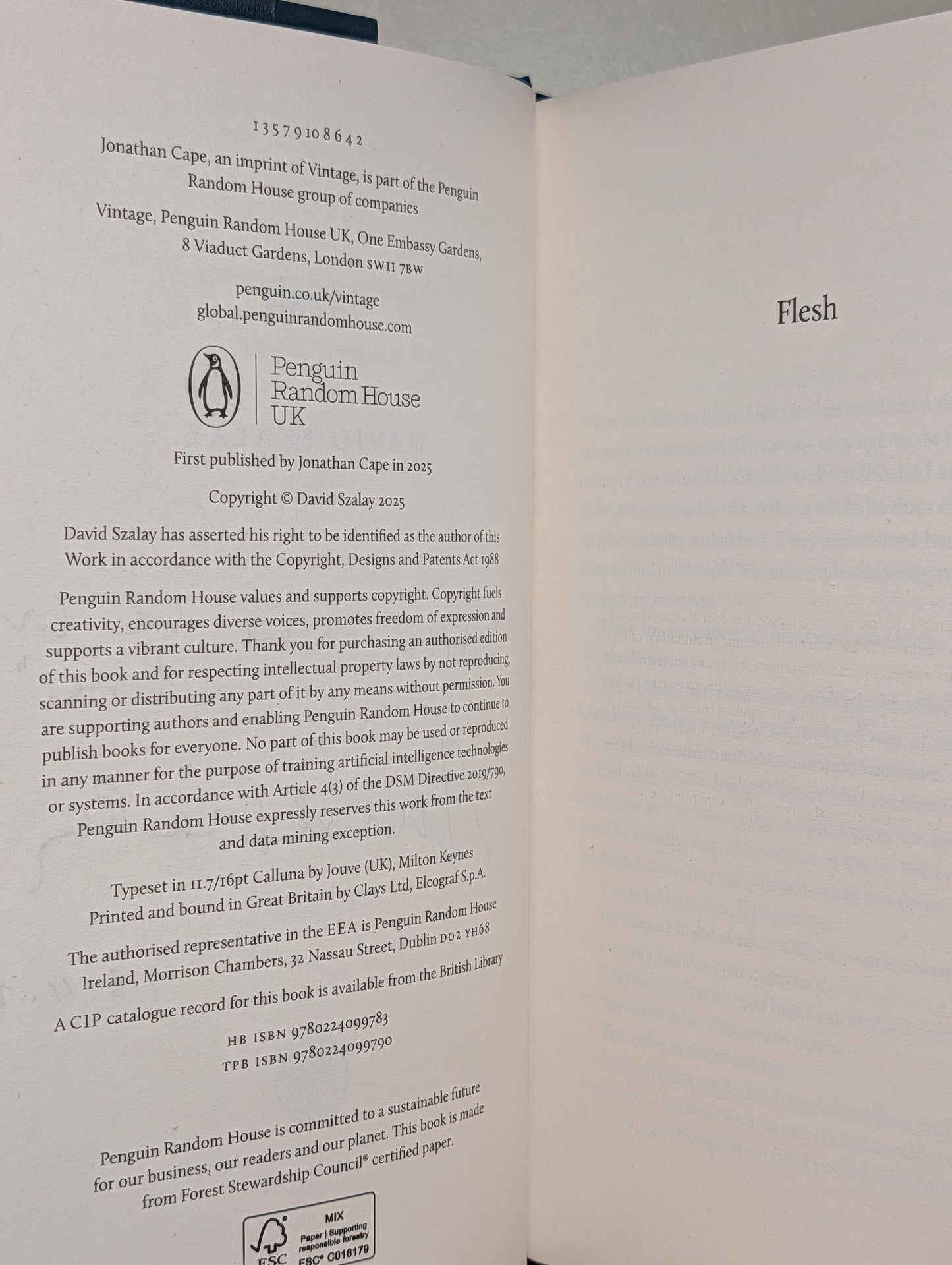 Flesh by David Szalay (Signed Lined First Edition)