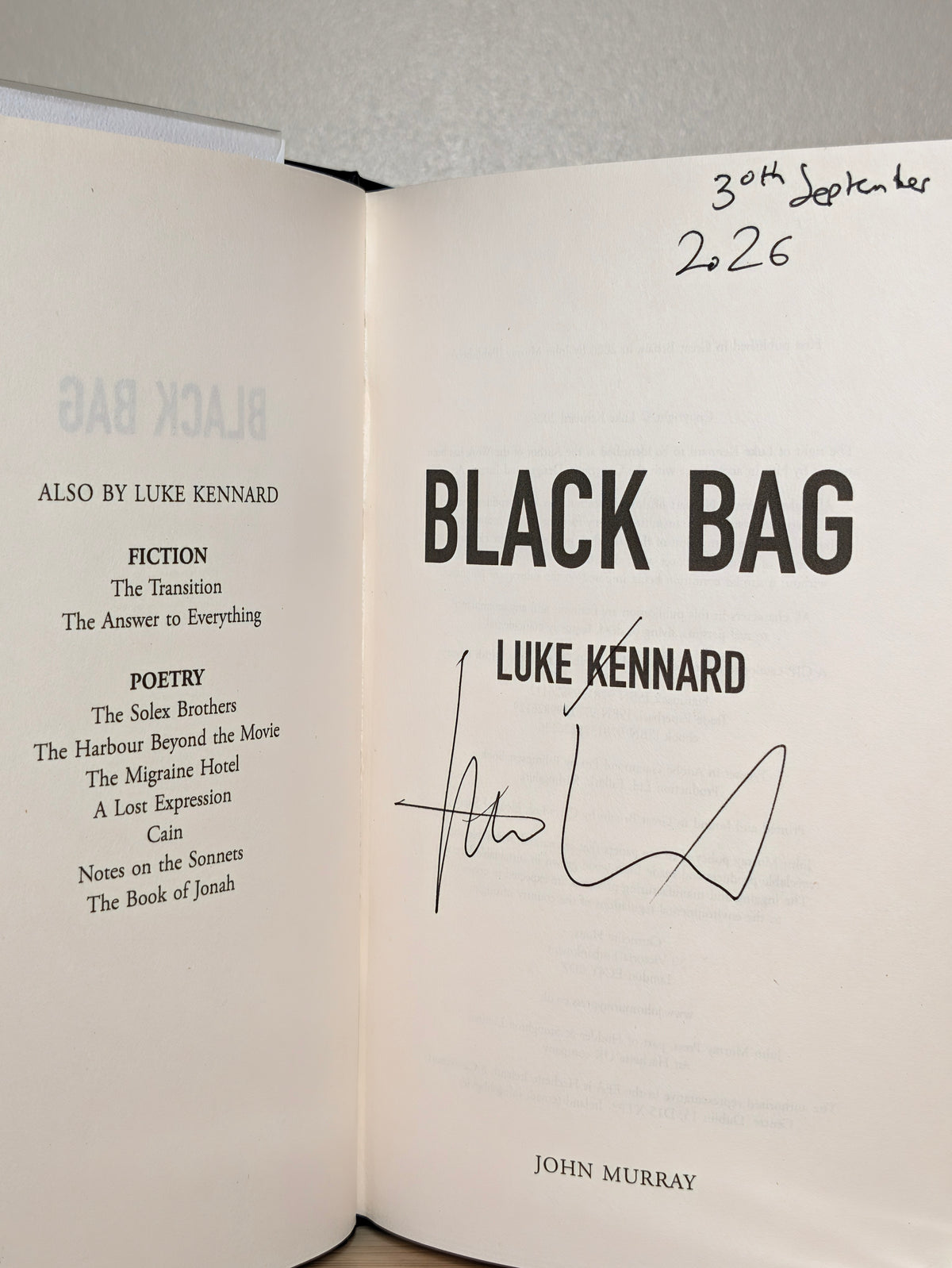 Black Bag by Luke Kennard (Signed Dated First Edition)