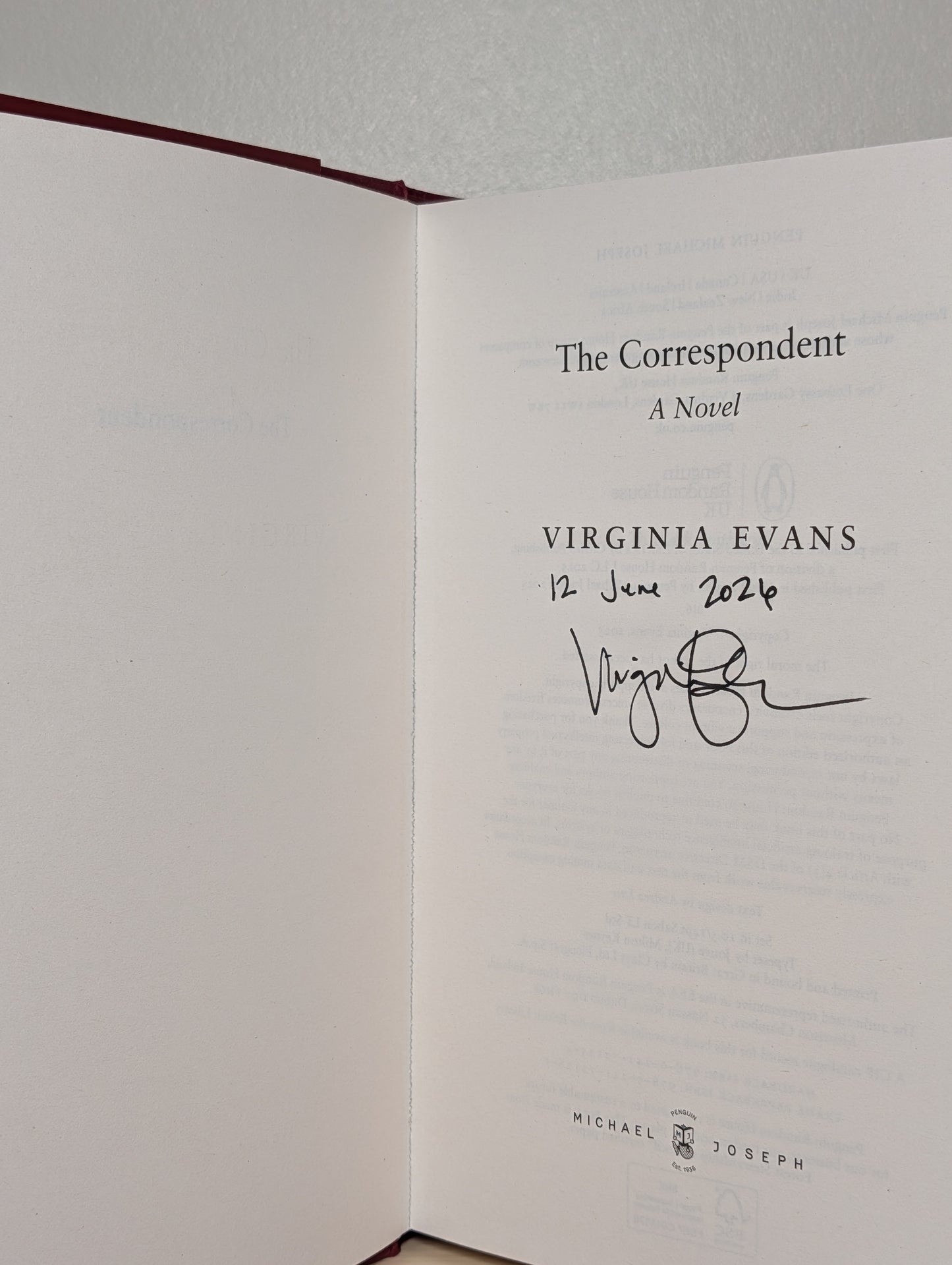 The Correspondent by Virginia Evans (Signed Dated Hardback Edition)