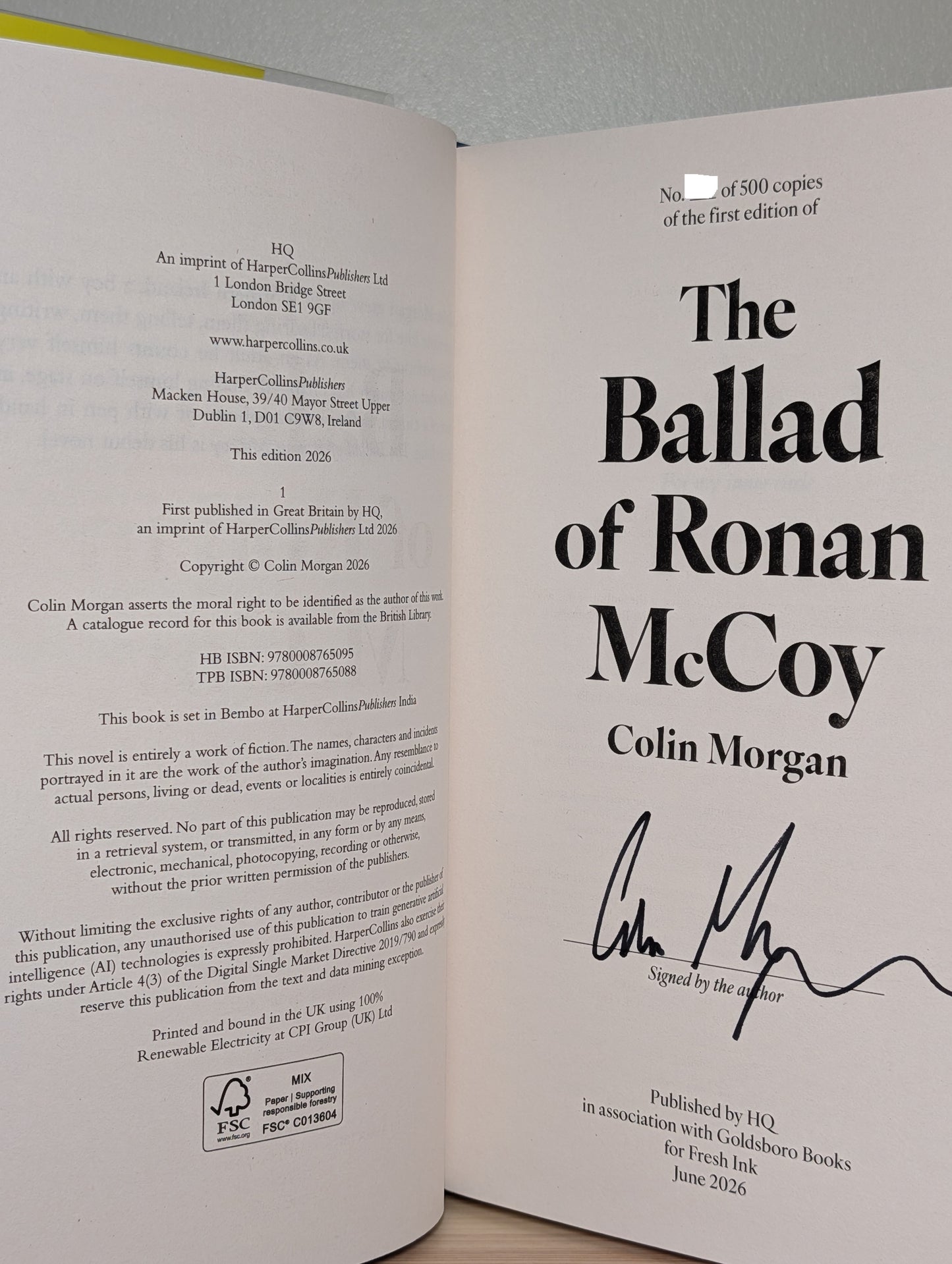 The Ballad of Ronan McCoy by Colin Morgan (Signed Numbered First Edition)