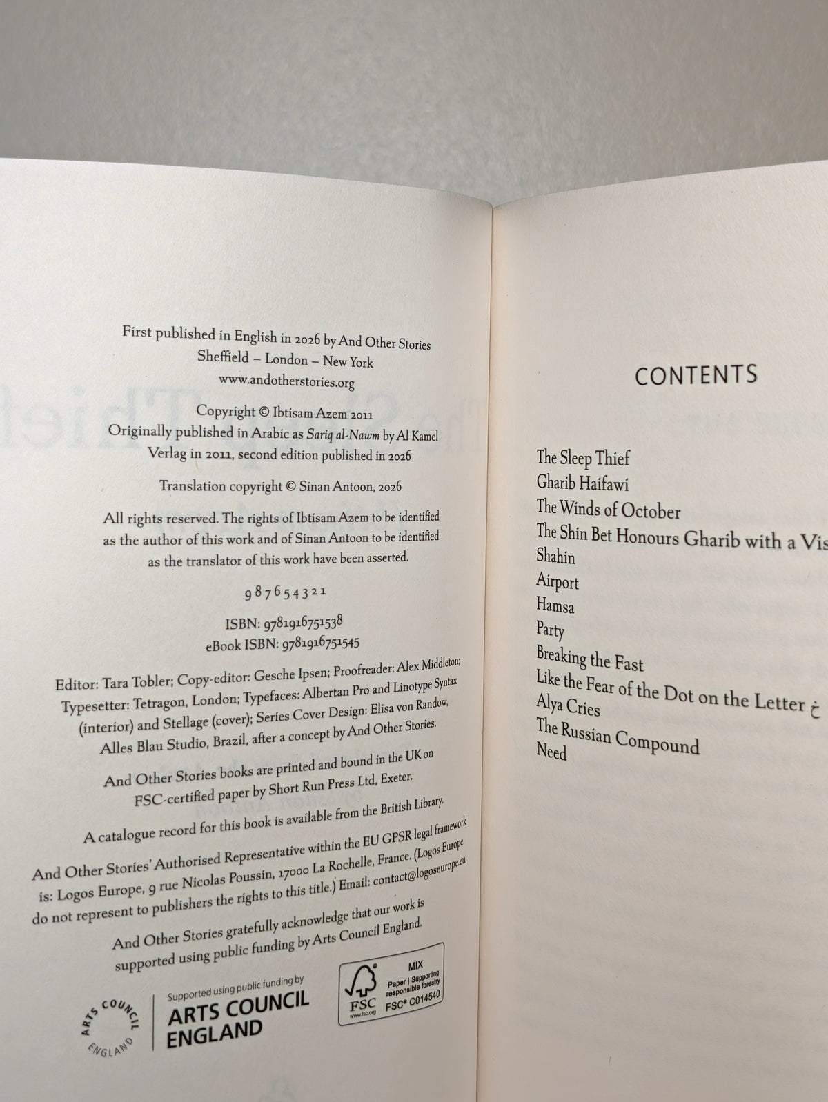 The Sleep Thief by Ibtisam Azem (First Edition)