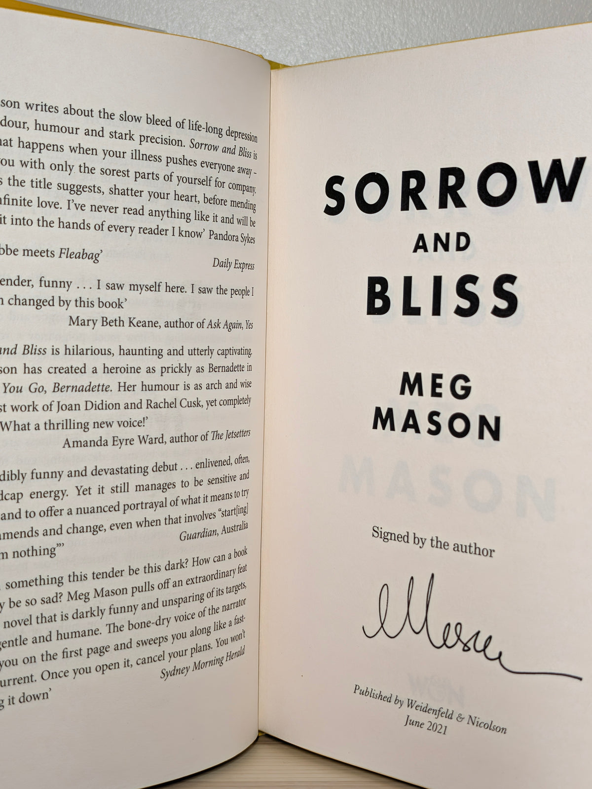 Sorrow and Bliss by Meg Mason (Signed First Edition with sprayed edges)