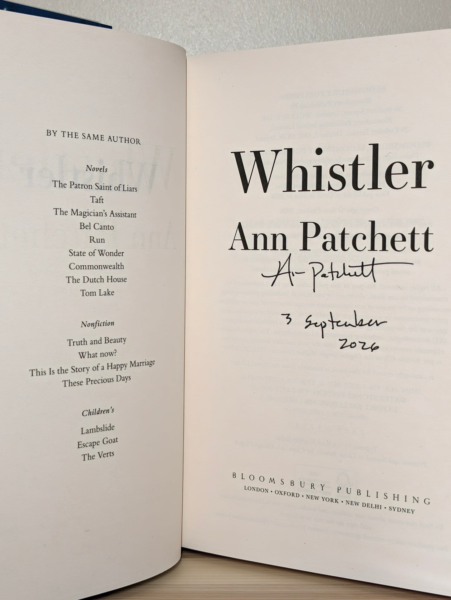 Whistler by Ann Patchett (Signed Dated First Edition)