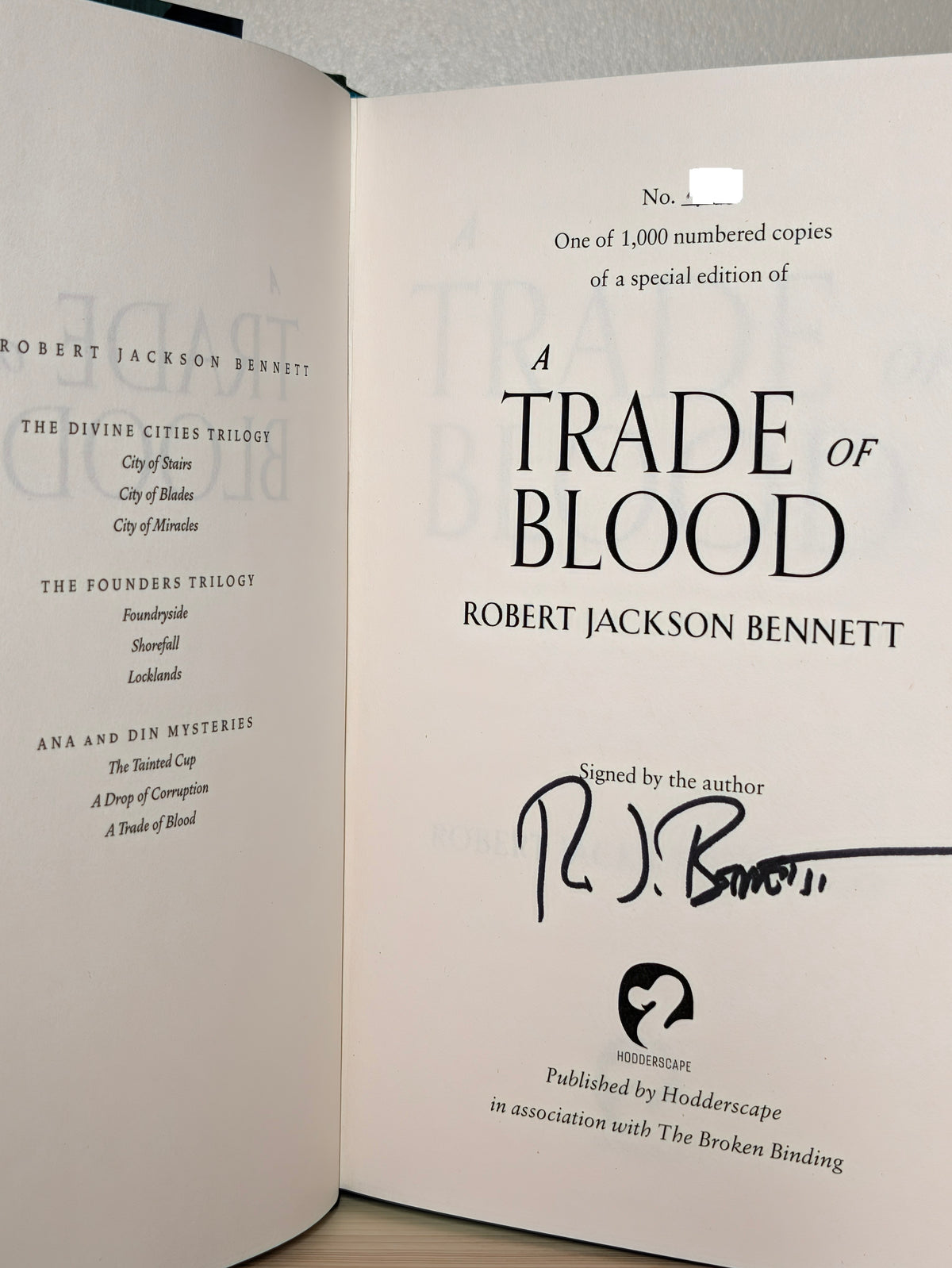 A Trade of Blood by Robert Jackson Bennett (Signed First Edition with sprayed edges)