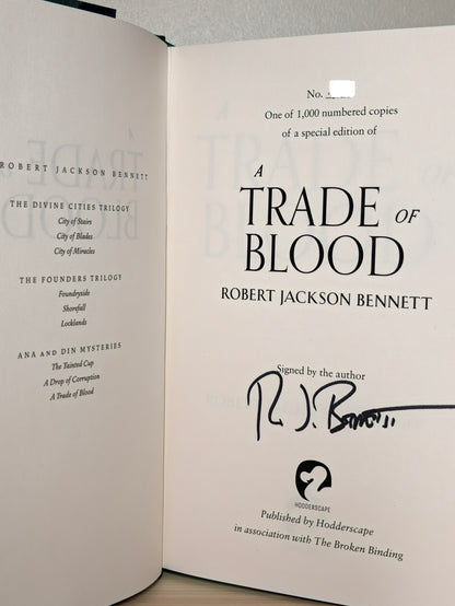 A Trade of Blood by Robert Jackson Bennett (Signed First Edition with sprayed edges)