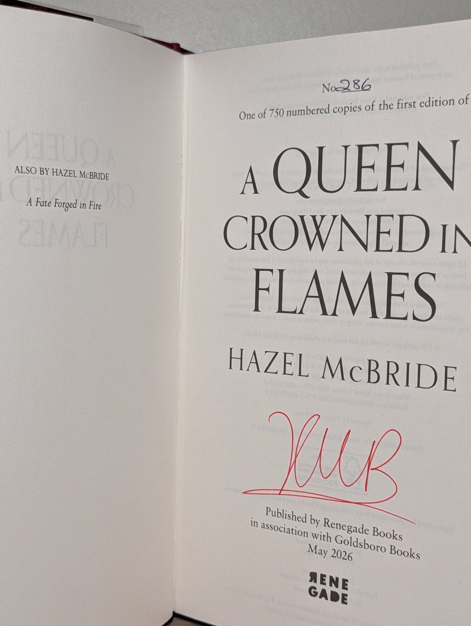 A Queen Crowned in Flames by Hazel McBride (Signed Numbered Edition with sprayed edges) - Fialta Books