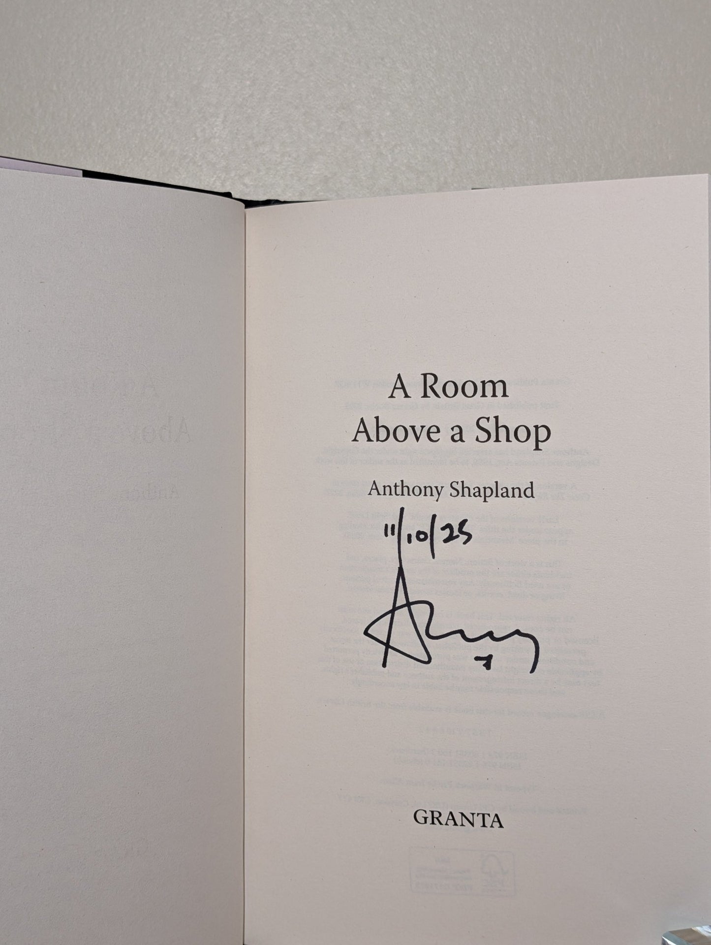 A Room Above a Shop by Anthony Shapland (Signed Dated First Edition) - Fialta Books
