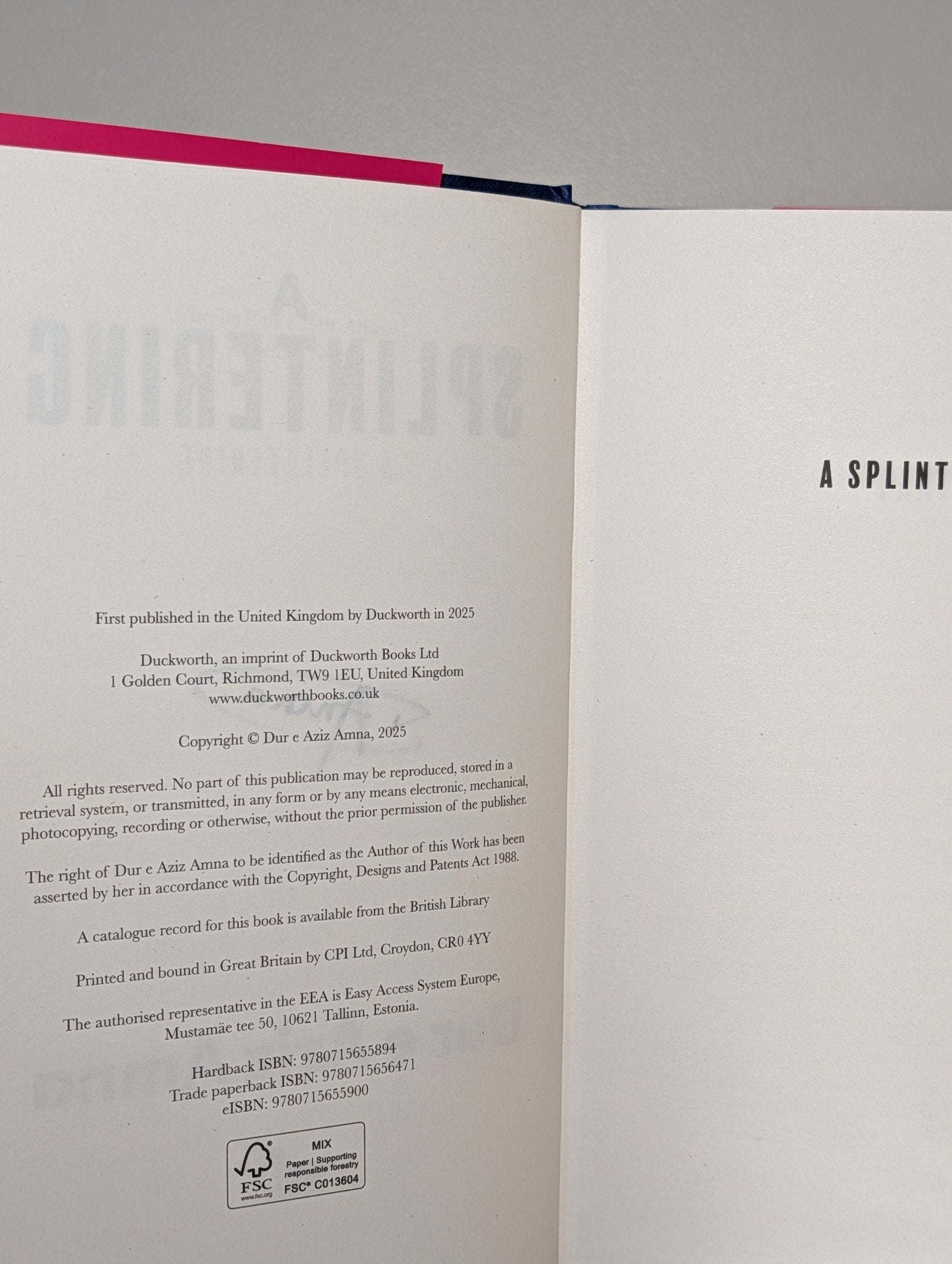 A Splintering by Dur E Aziz Amna (Signed First Edition) - Fialta Books