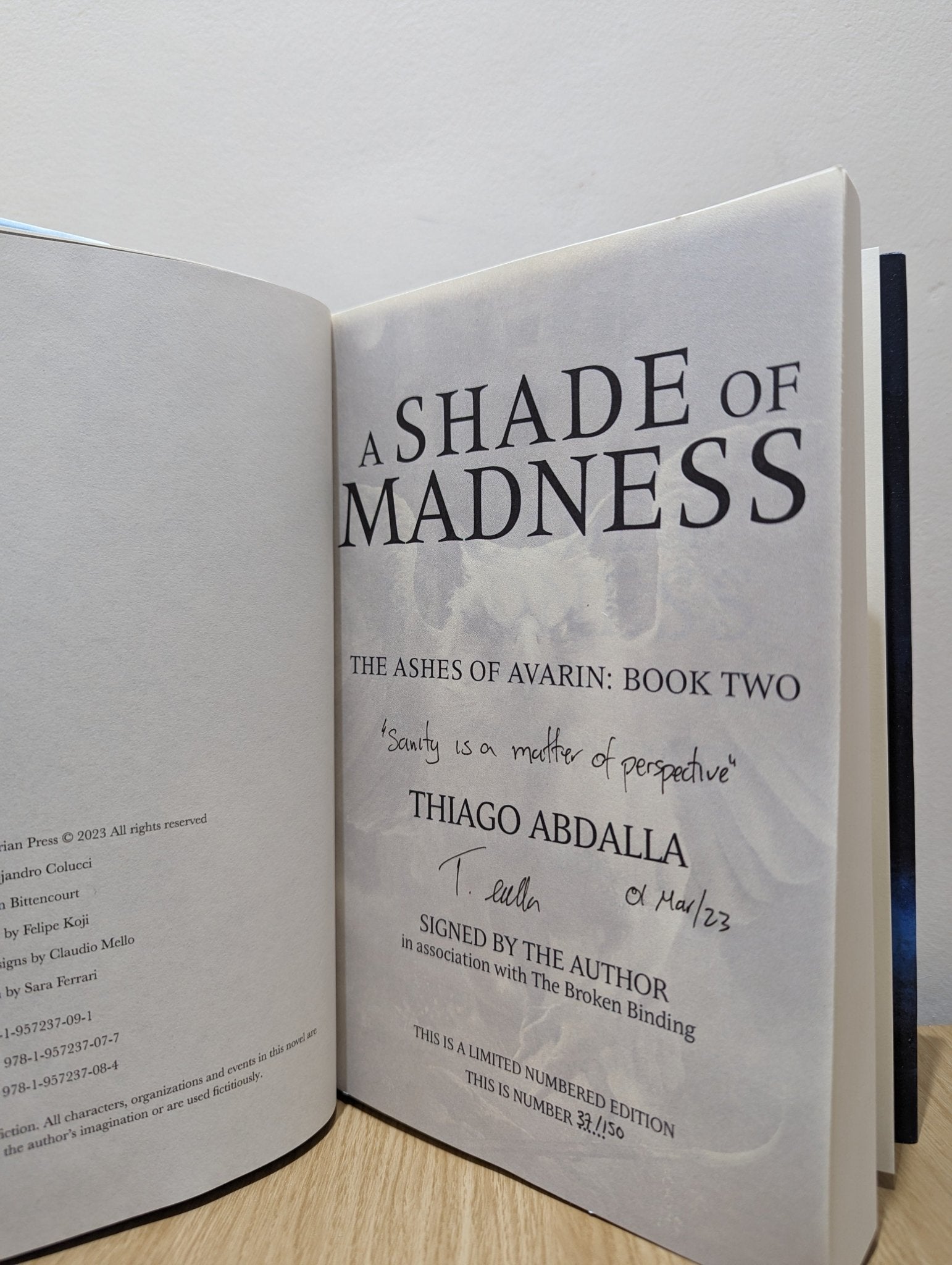 A Touch of Light; A Shade of Madness: The Ashes of Avarin Book 1 - 2 by Thiago Abdalla (Signed Lined) - Fialta Books