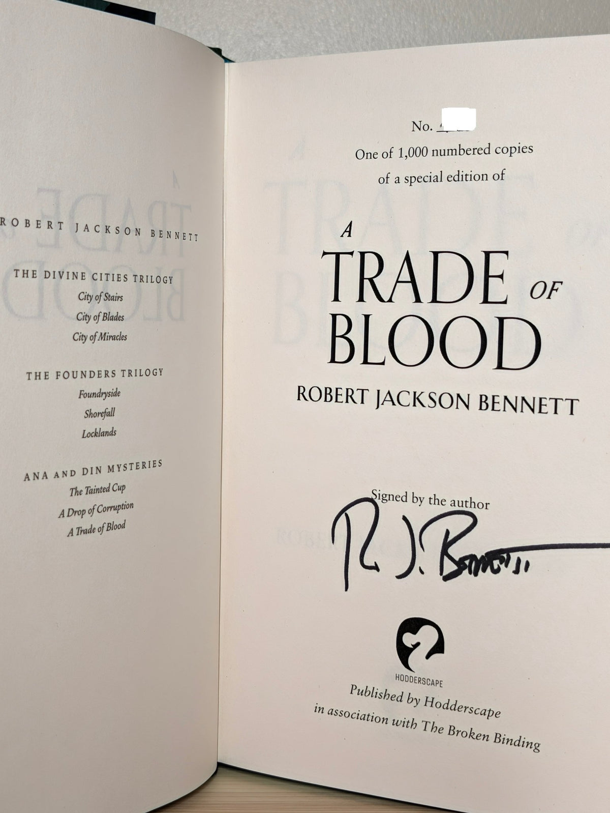 A Trade of Blood by Robert Jackson Bennett (Signed First Edition with sprayed edges) - Fialta Books