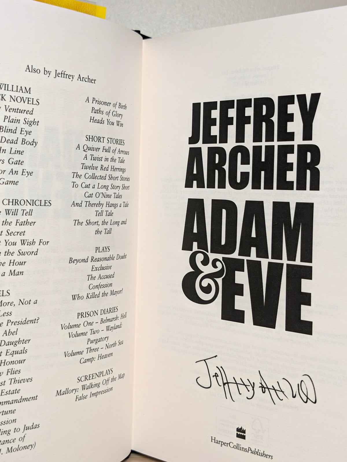 Adam and Eve by Jeffrey Archer (Signed to Title Page) - Fialta Books