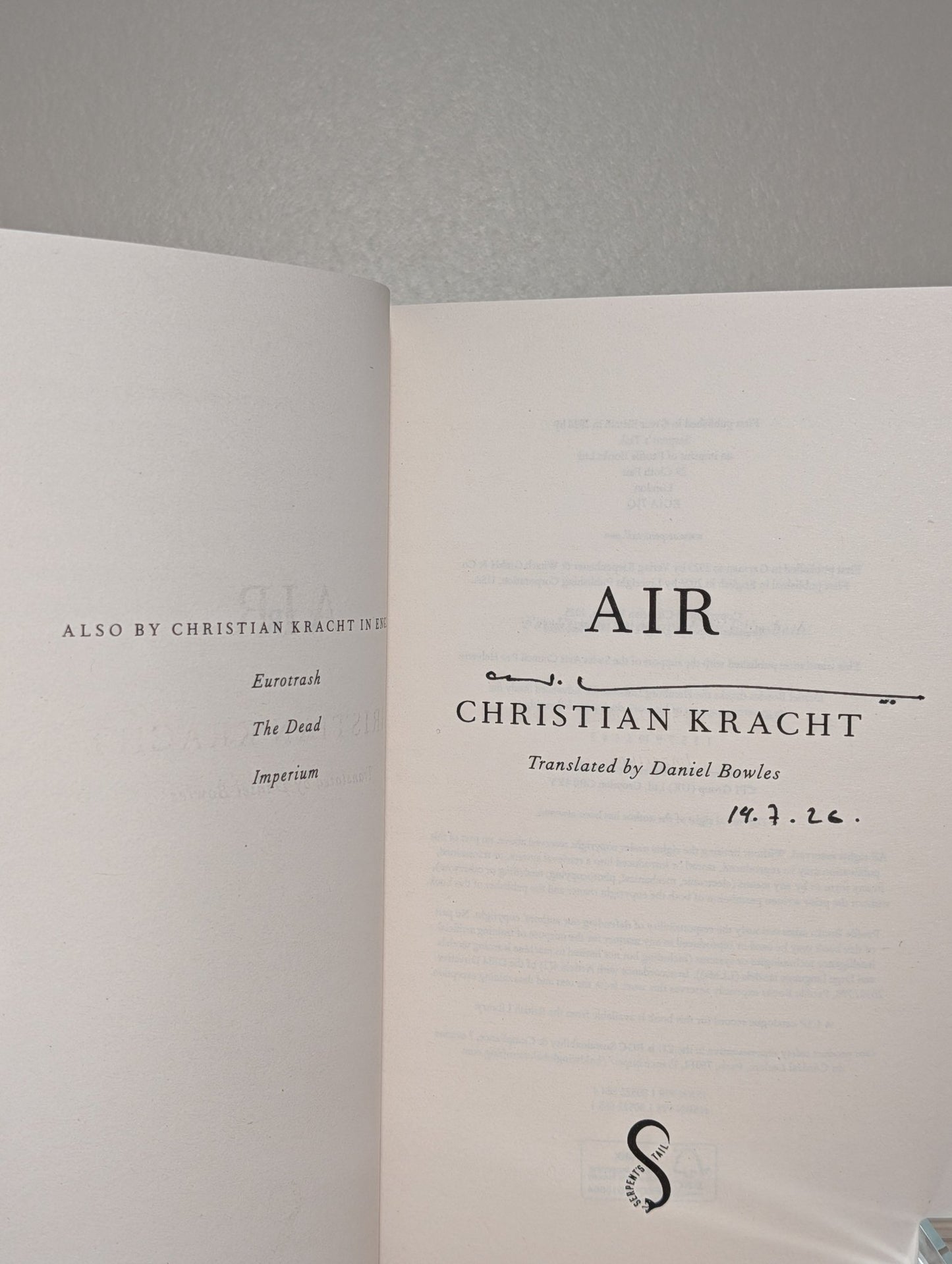 Air by Christian Kracht (Signed Dated First Edition) - Fialta Books