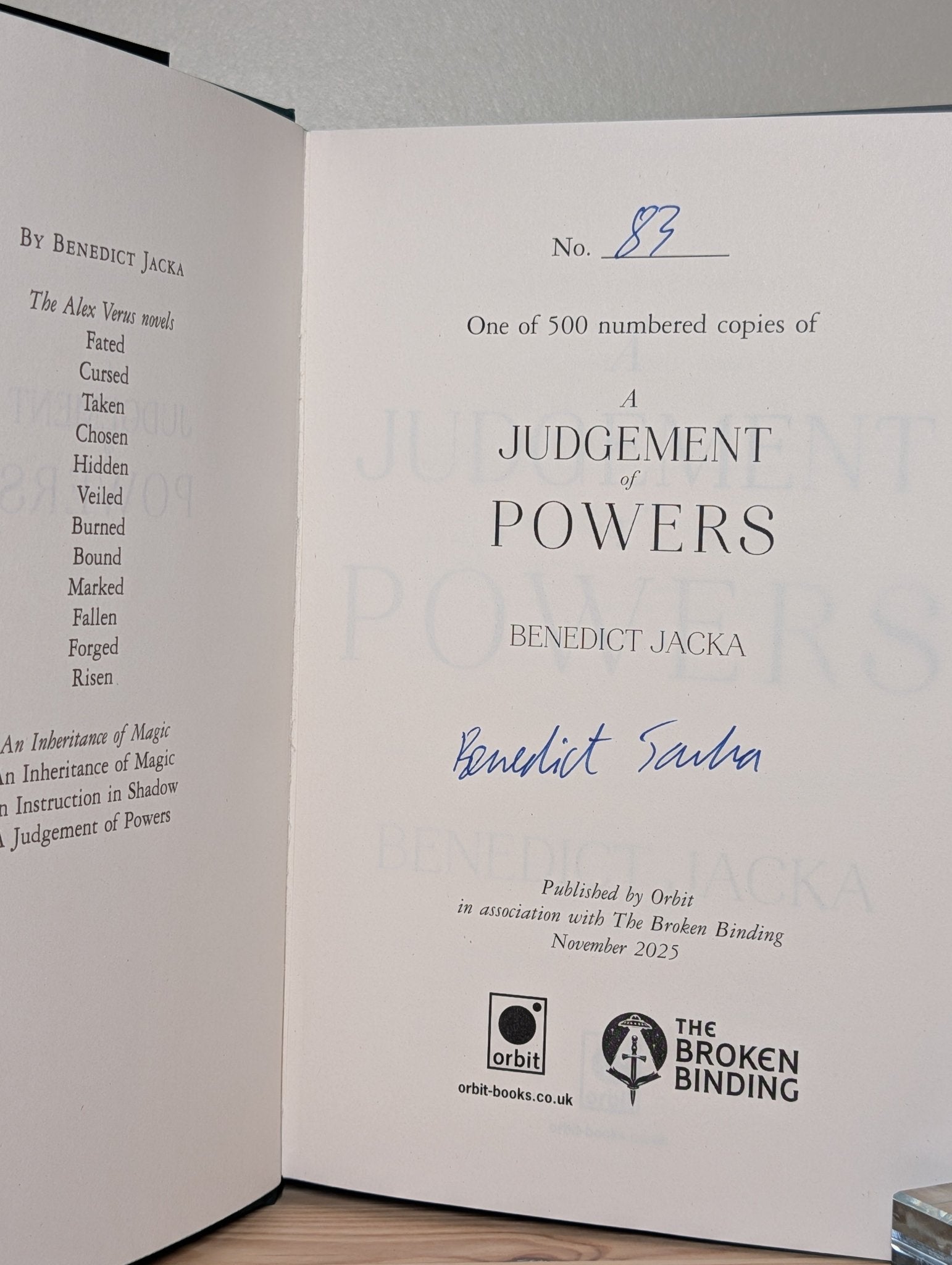 An Inheritance of Magic; An Instruction In Shadow; A Judgement of Powers by Benedict Jacka (Signed Set with sprayed edges) - Fialta Books