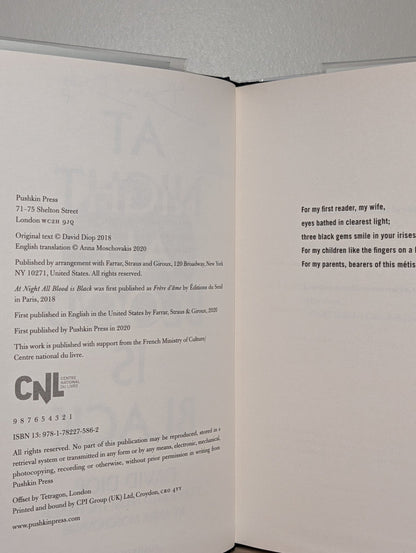 At Night All Blood is Black by David Diop (Signed Dated First Edition) - Fialta Books