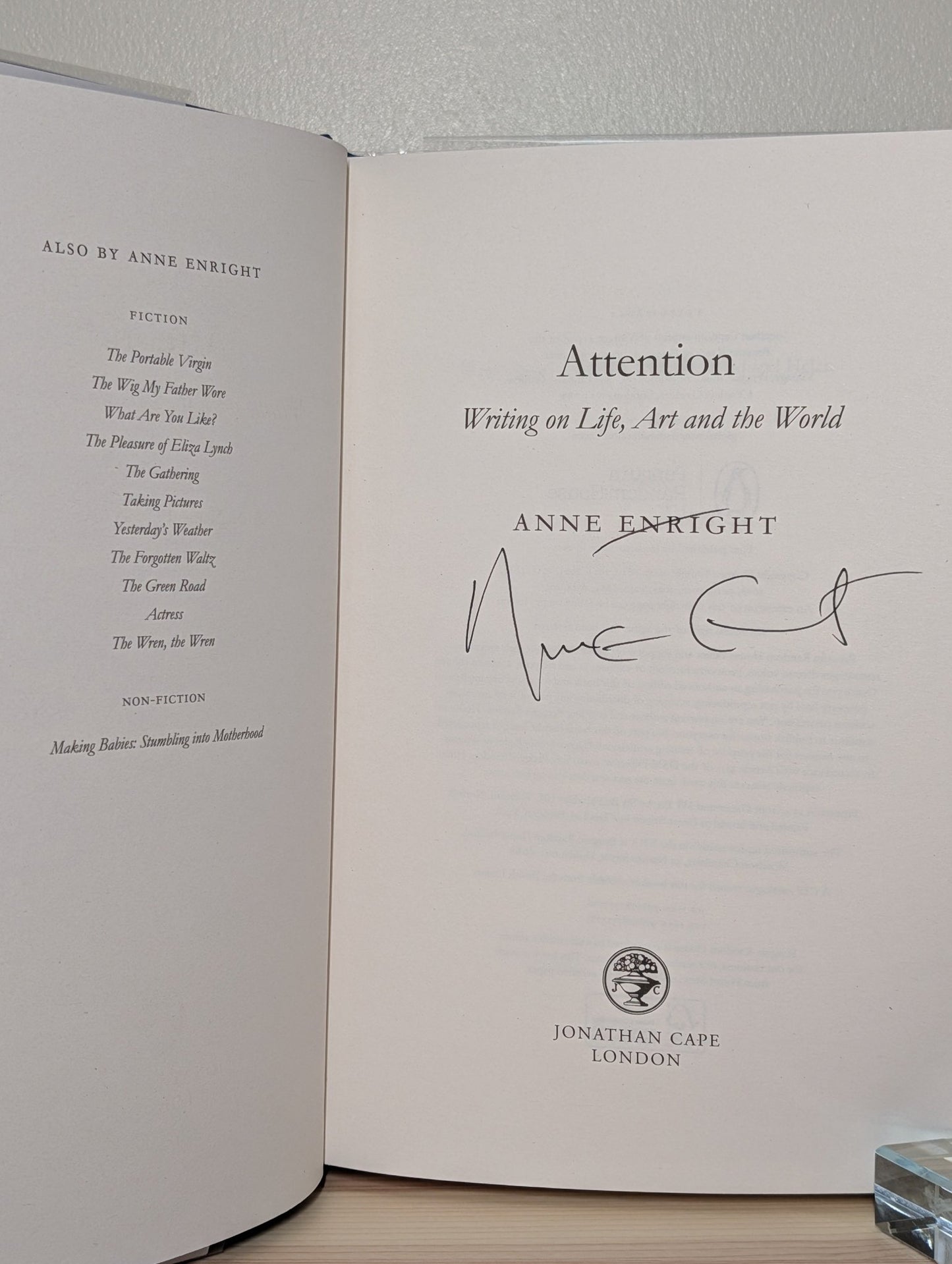 Attention: Writing on Life, Art and the World by Anne Enright (Signed First Edition) - Fialta Books