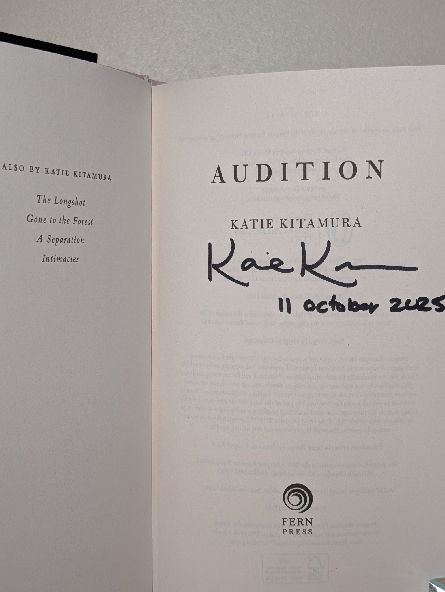 Audition by Katie Kitamura (Signed Dated First Edition) - Fialta Books