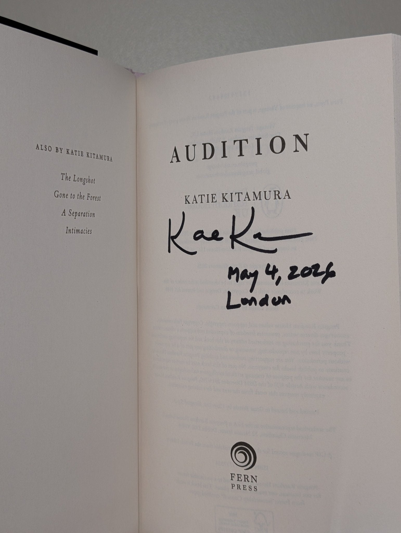 Audition by Katie Kitamura (Signed Dated First Edition) - Fialta Books