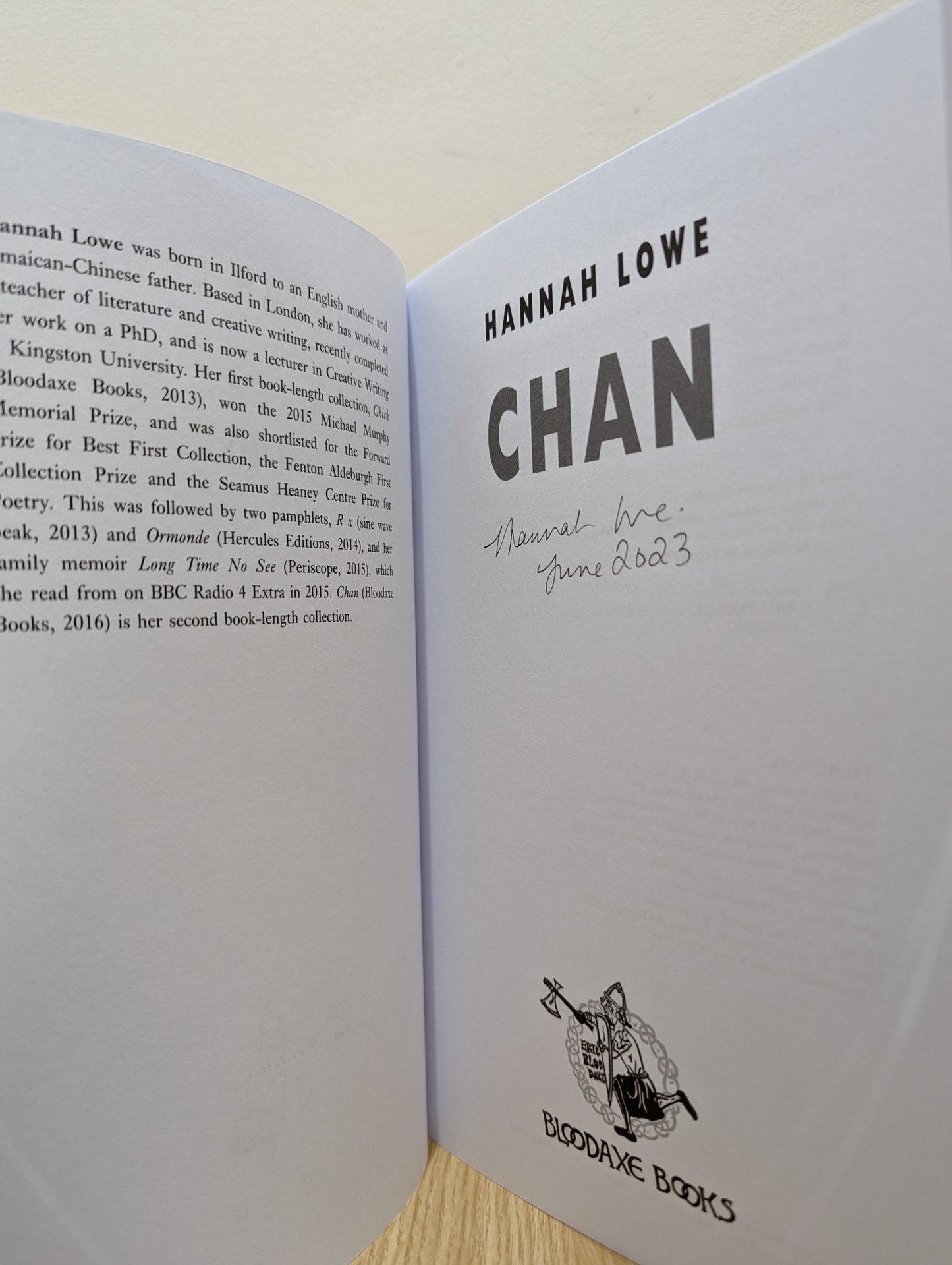 Chan by Hannah Lowe (Signed First Edition) - Fialta Books