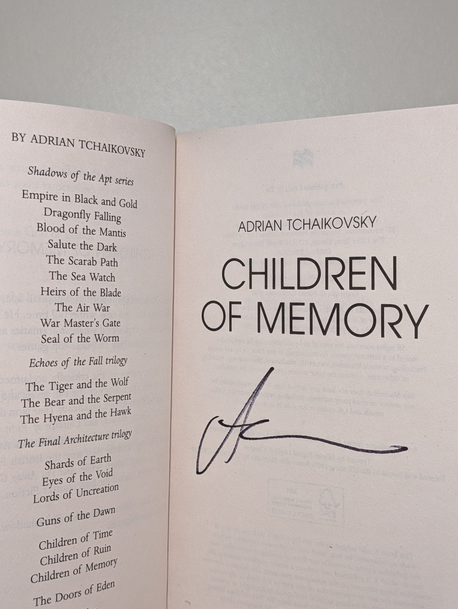 Children of Time; Children of Ruin; Children of Memory by Adrian Tchaikovsky (Signed Set) - Fialta Books