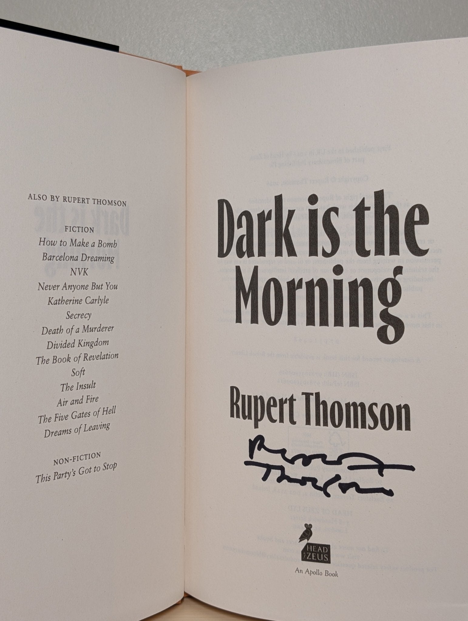 Dark is the Morning by Rupert Thomson (Signed First Edition) - Fialta Books