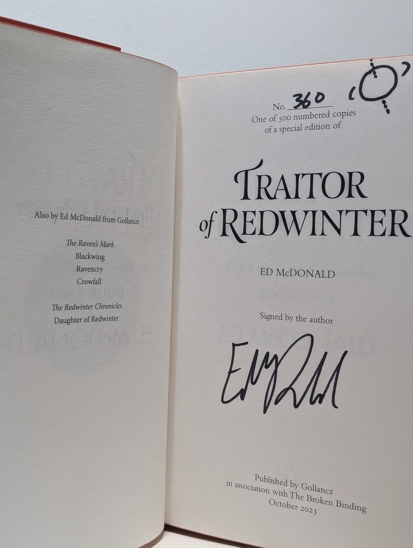 Daughter of Redwinter; Traitor of Redwinter: Witch Queen of Redwinter by Ed McDonald (Signed Numbered Set with sprayed edges) - Fialta Books