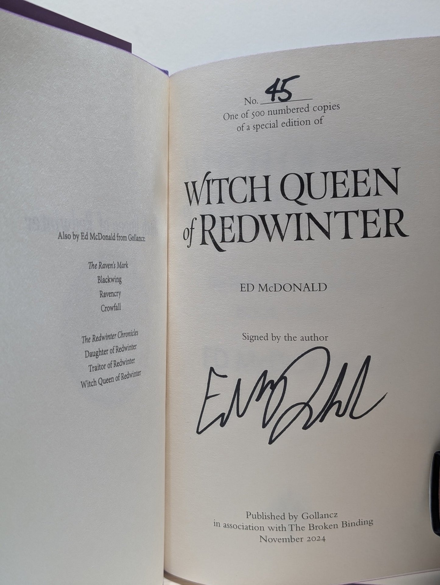 Daughter of Redwinter; Traitor of Redwinter: Witch Queen of Redwinter by Ed McDonald (Signed Numbered Set with sprayed edges) - Fialta Books