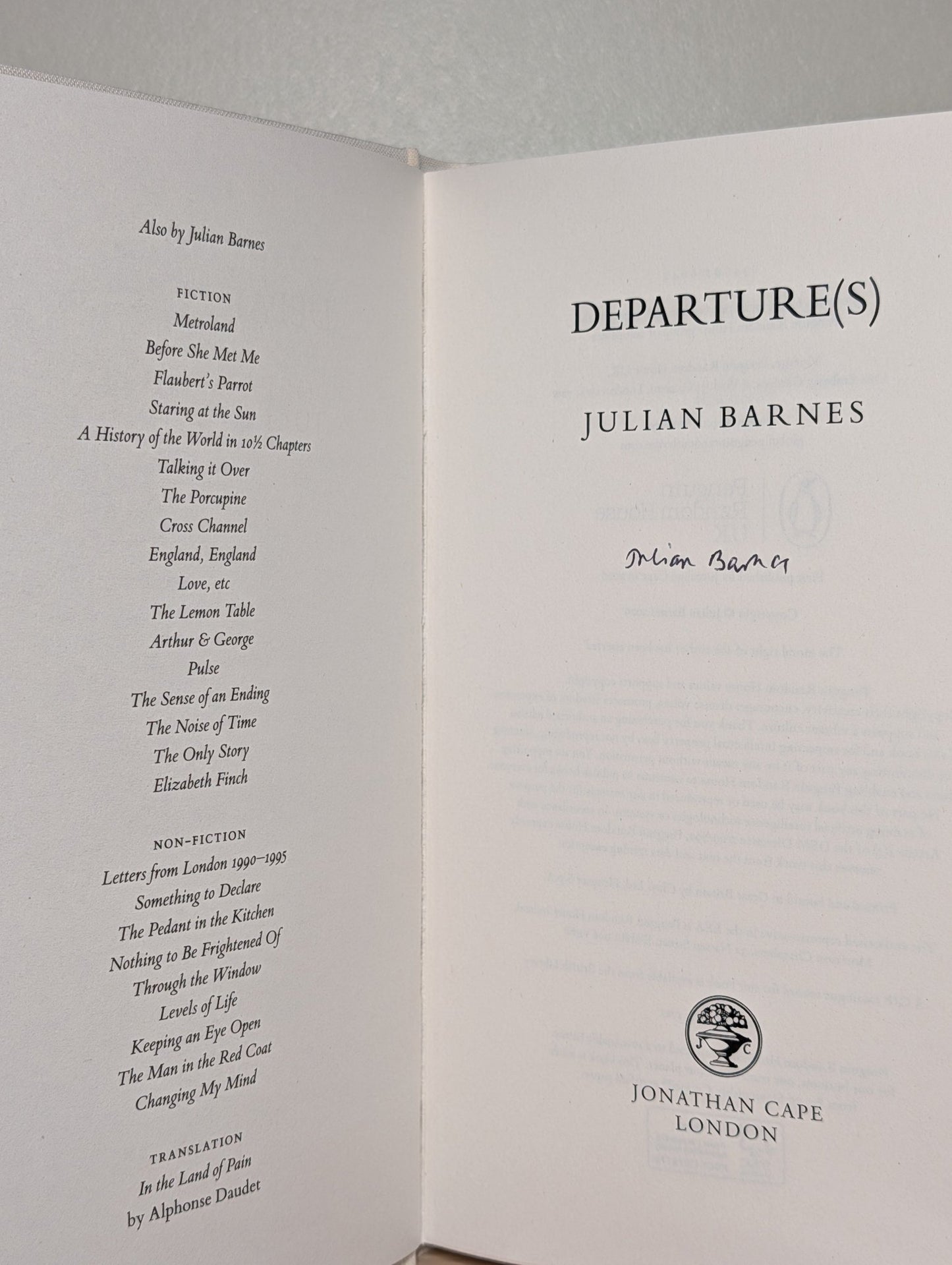Departure(s) by Julian Barnes (Signed First Edition) - Fialta Books