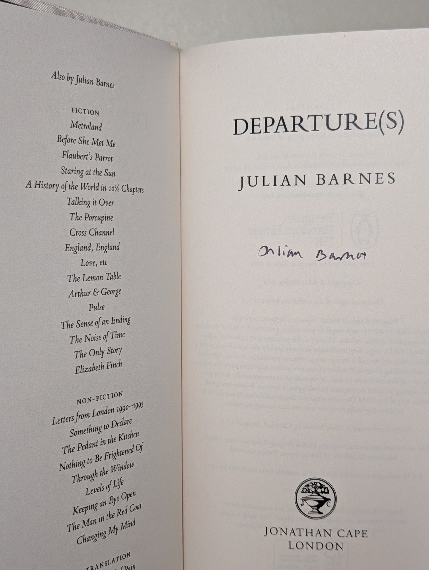 Departure(s) by Julian Barnes (Signed First Edition and bookmark) - Fialta Books