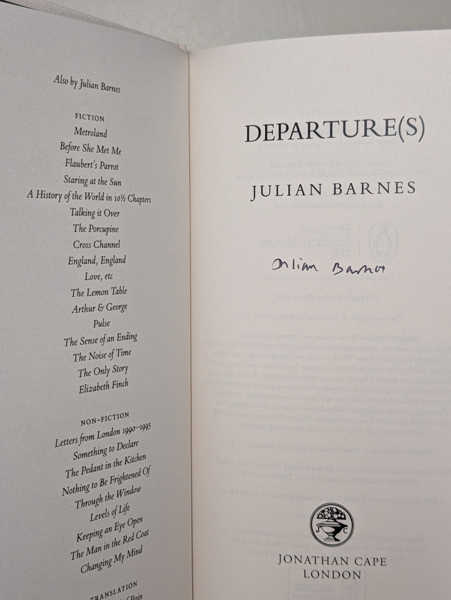 Departure(s) by Julian Barnes (Signed First Edition and bookmark) - Fialta Books