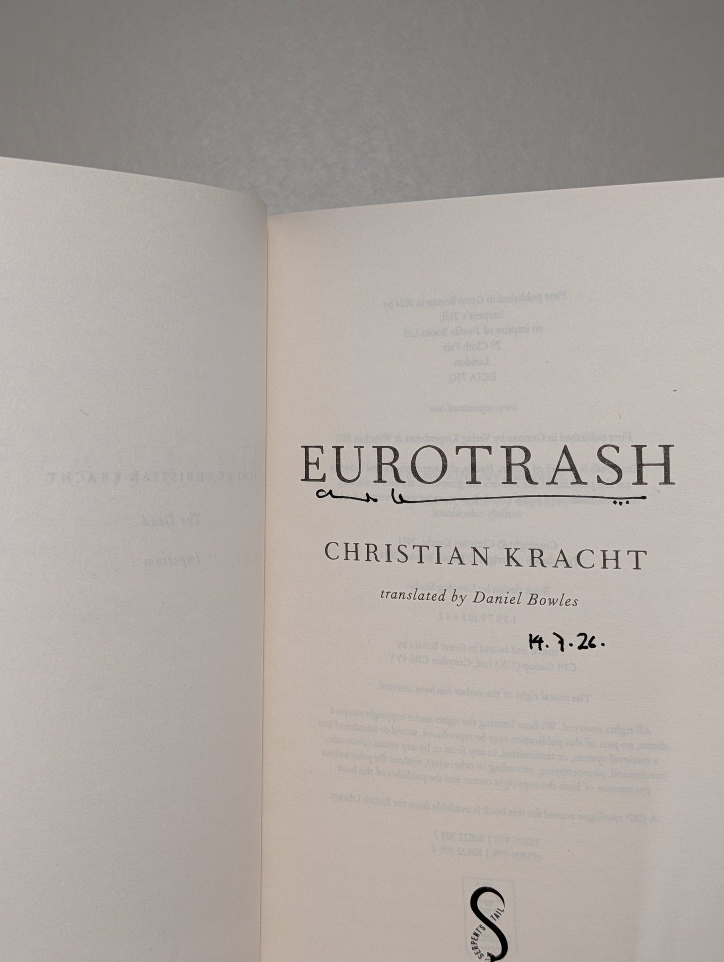 Eurotrash by Christian Kracht (Signed Dated First Edition) - Fialta Books