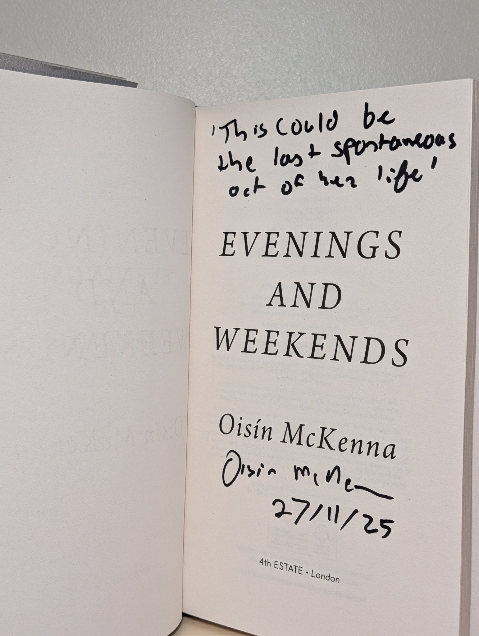 Evenings and Weekends by Oisin McKenna (Signed Lined First Edition) - Fialta Books