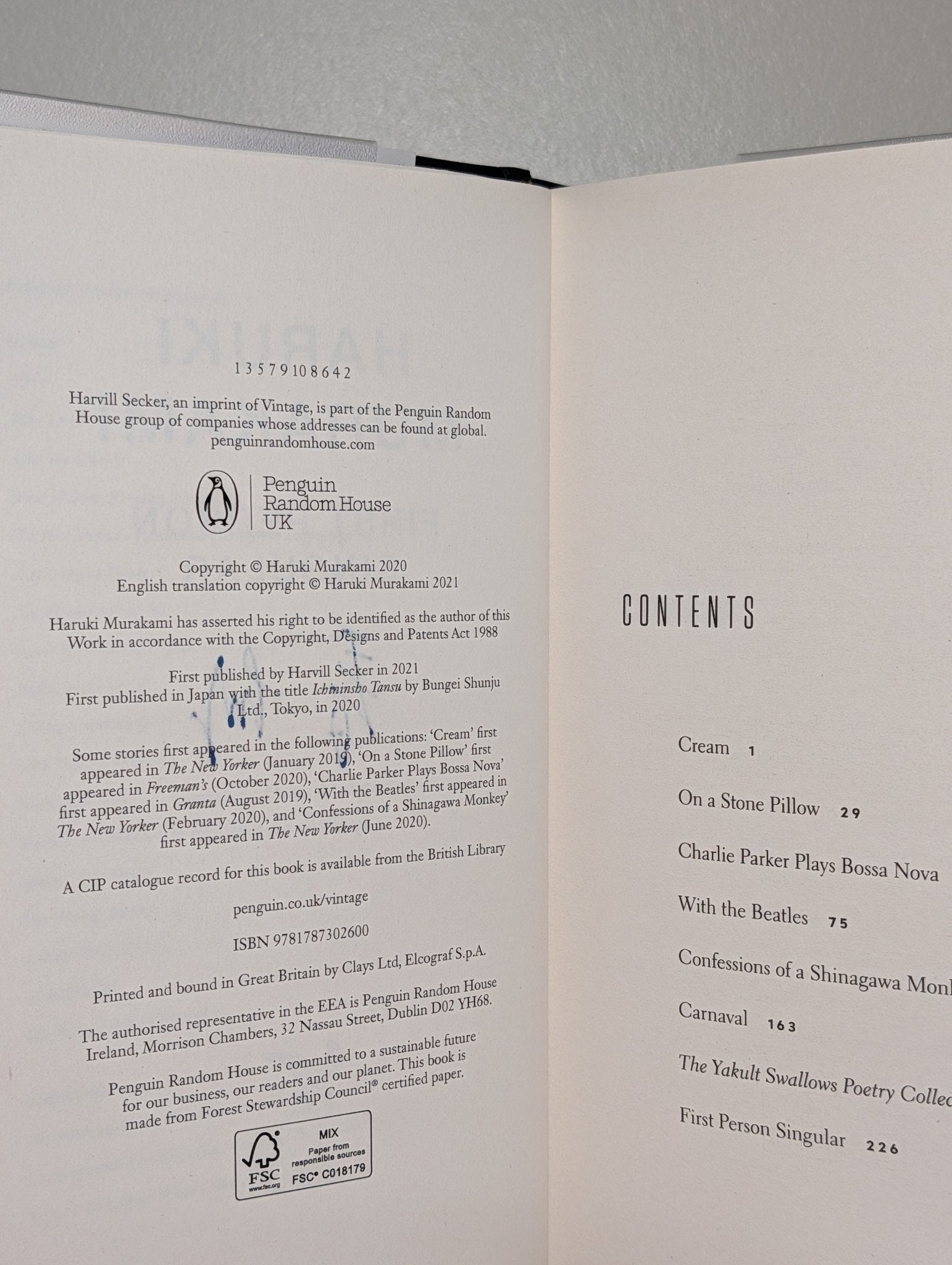 First Person Singular: Stories by Haruki Murakami (Signed) - Fialta Books