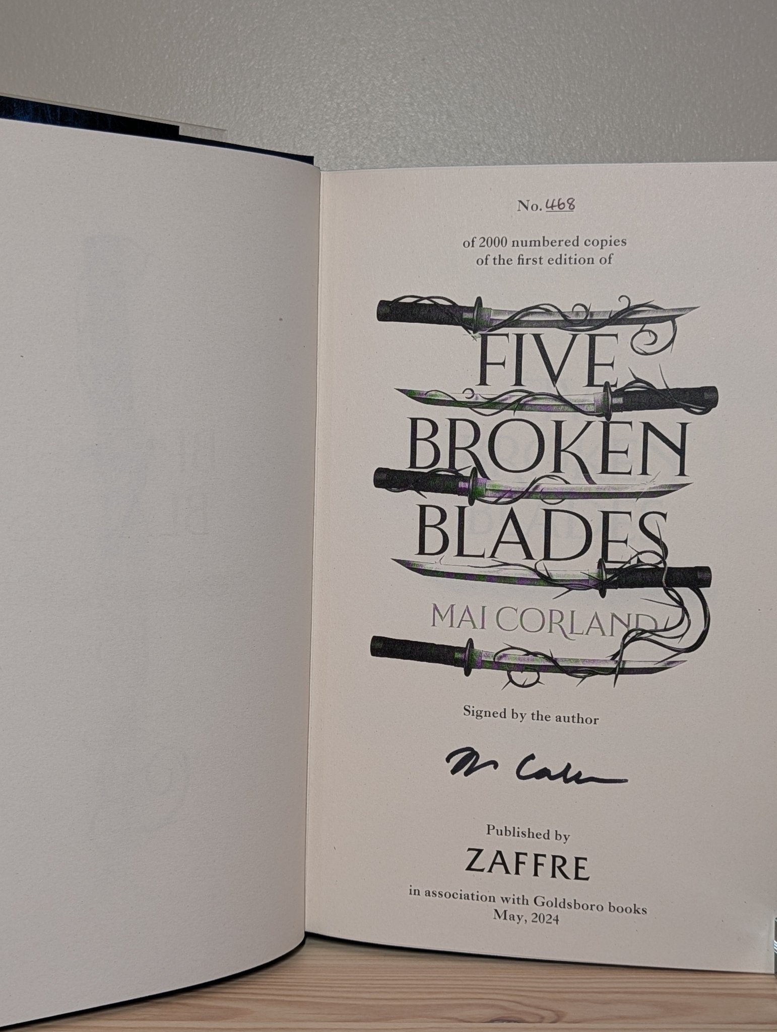 Five Broken Blades; Four Ruined Realms; Three Shattered Souls by Mai Corland (Signed Numbered with sprayed edges) - Fialta Books