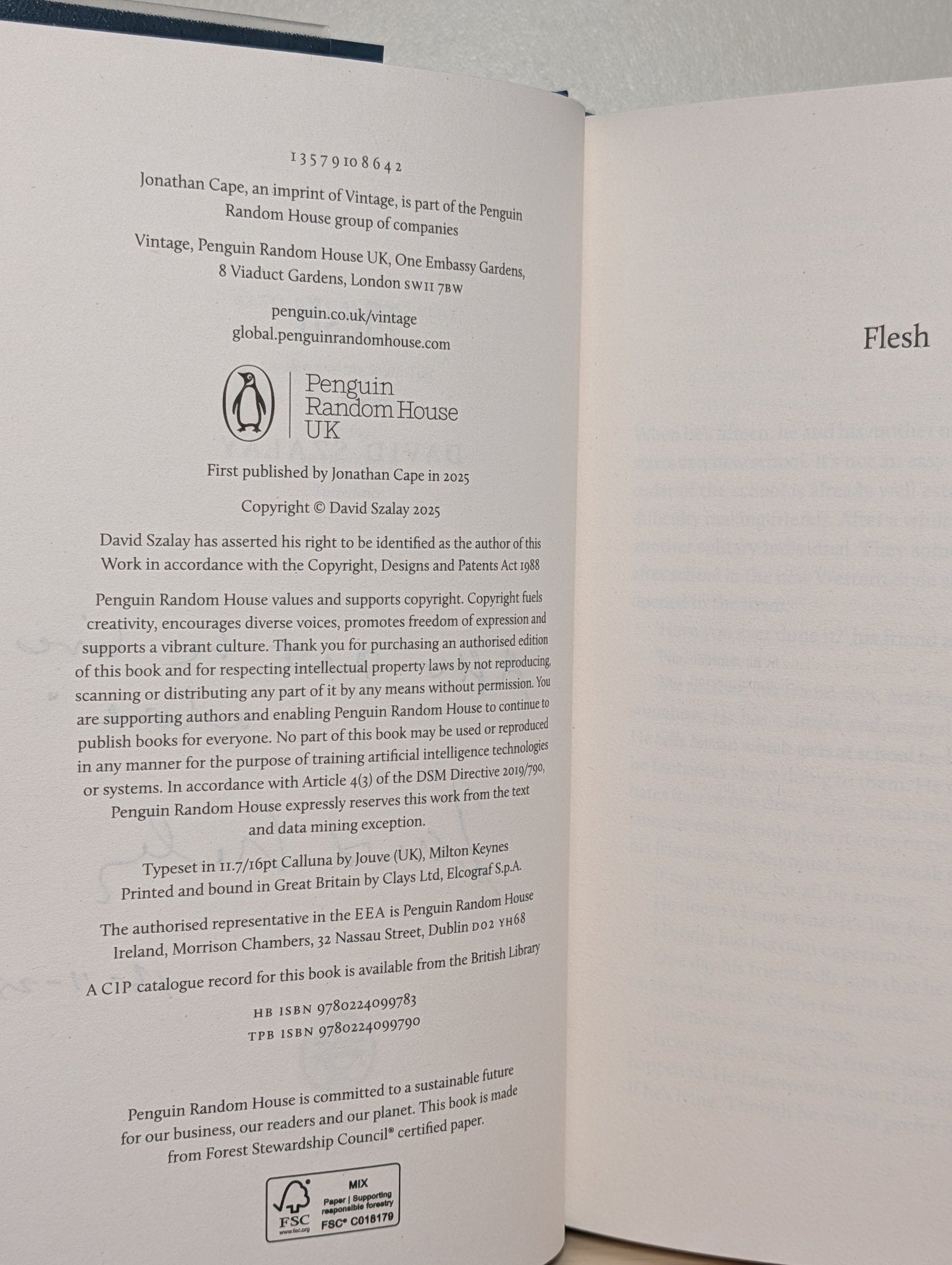 Flesh by David Szalay (Signed Lined First Edition) - Fialta Books