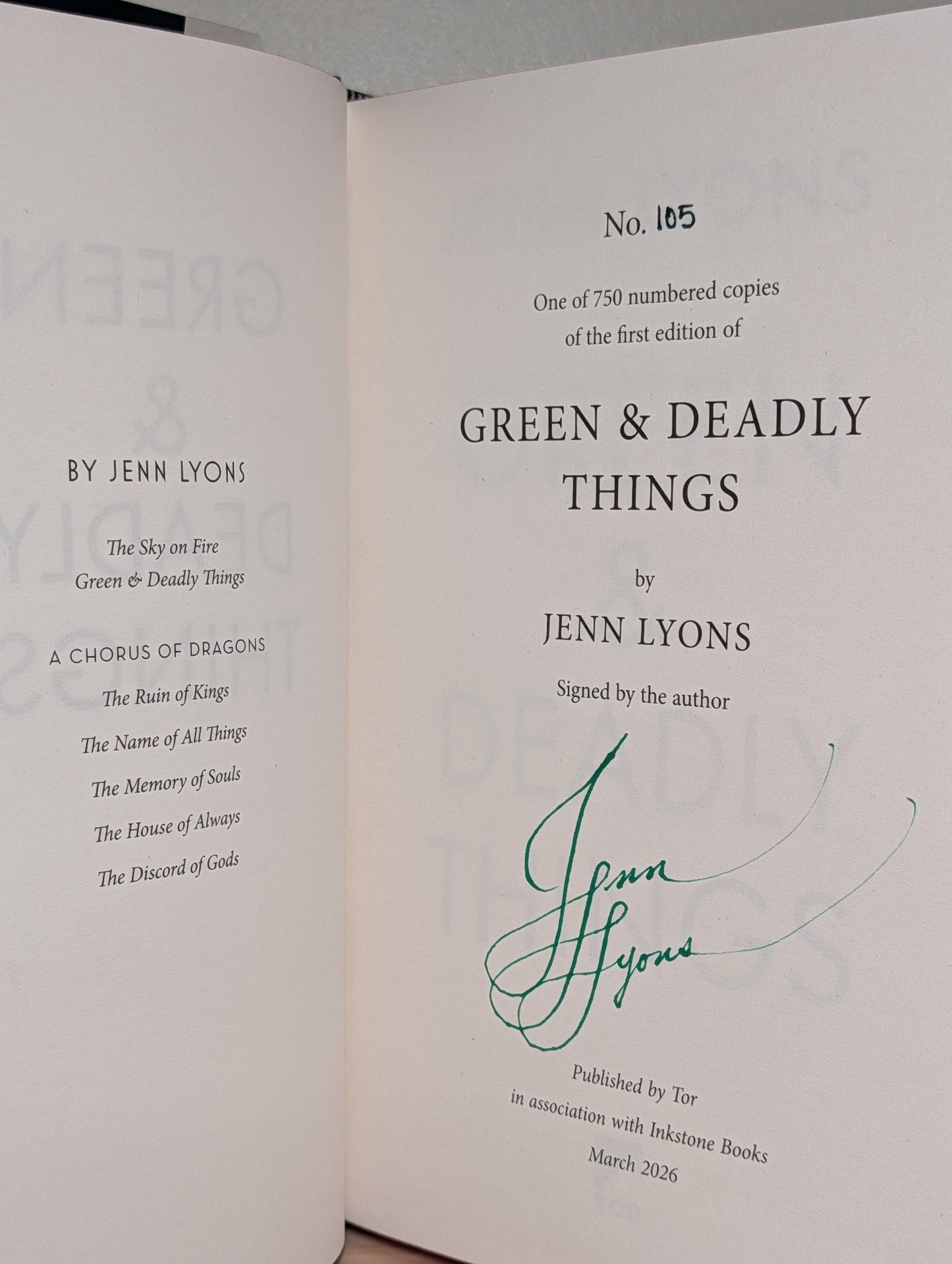 Green and Deadly Things by Jenn Lyons (Signed First Edition with sprayed edges) - Fialta Books