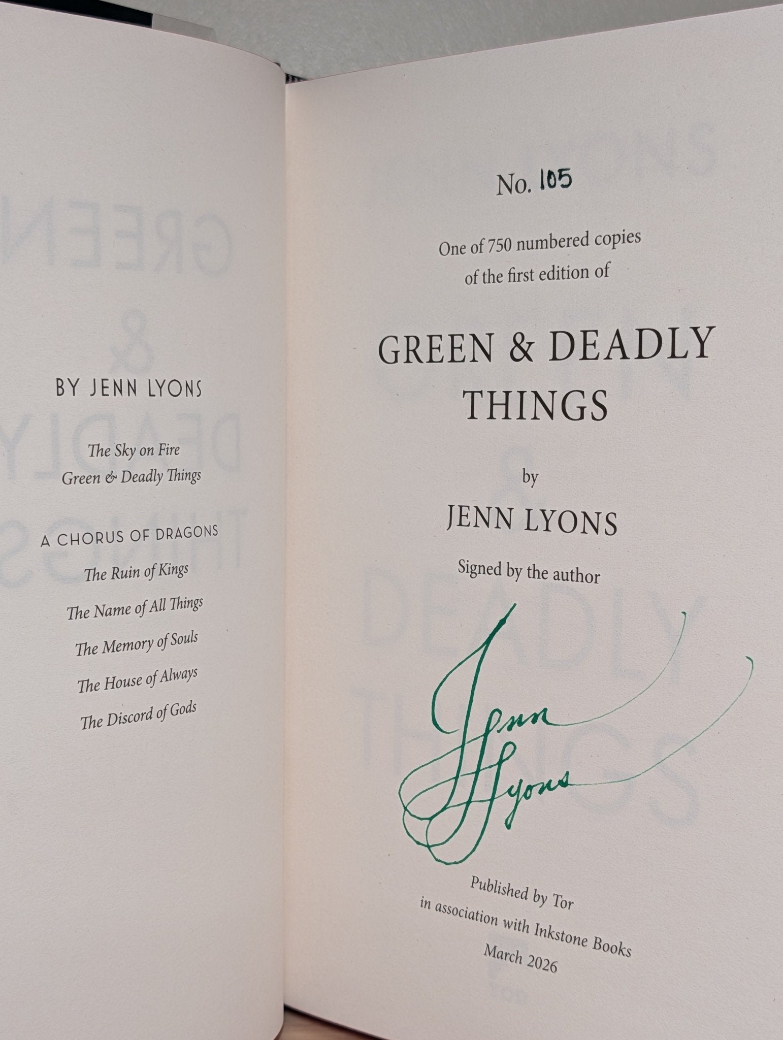 Green and Deadly Things by Jenn Lyons (Signed First Edition with sprayed edges) - Fialta Books