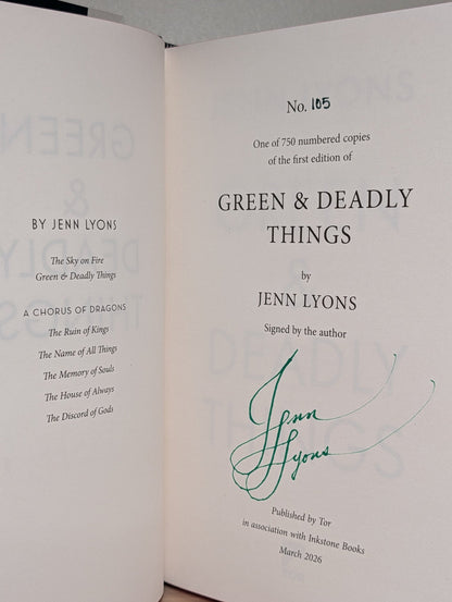 Green and Deadly Things by Jenn Lyons (Signed First Edition with sprayed edges) - Fialta Books