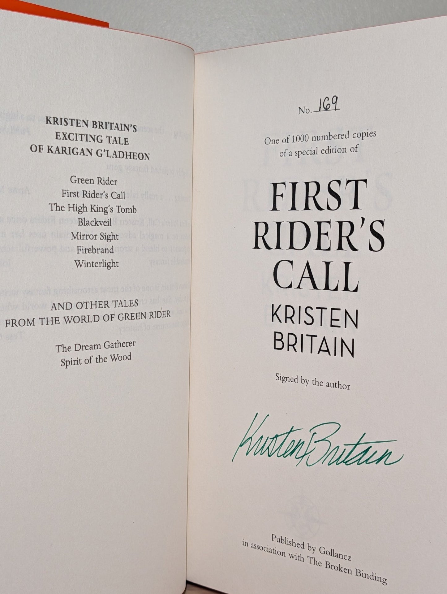 Green Rider; First Rider's Call; High King's Tomb by Kristen Britain (Signed Set with sprayed edges) - Fialta Books