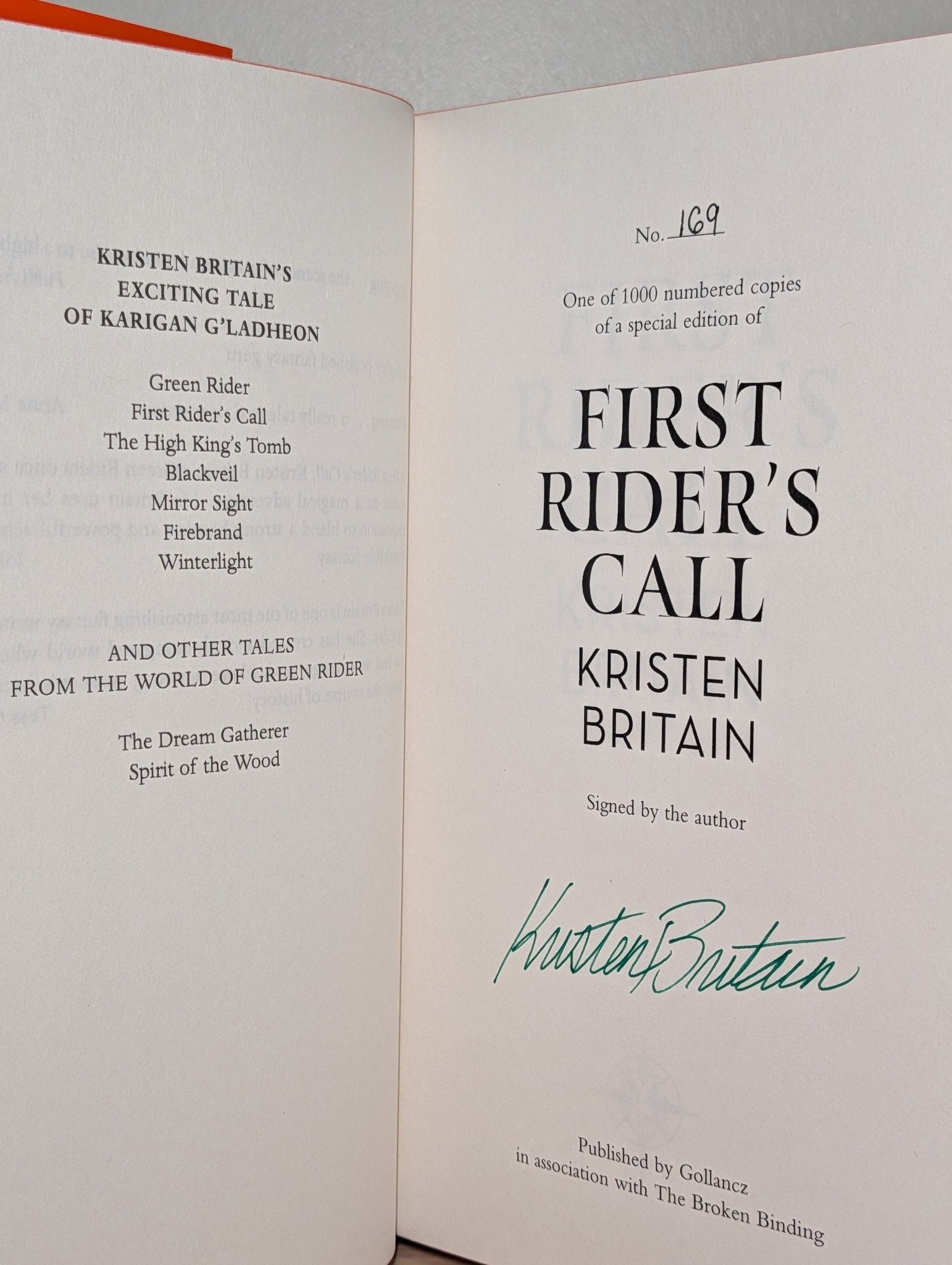 Green Rider; First Rider's Call; High King's Tomb by Kristen Britain (Signed Set with sprayed edges) - Fialta Books