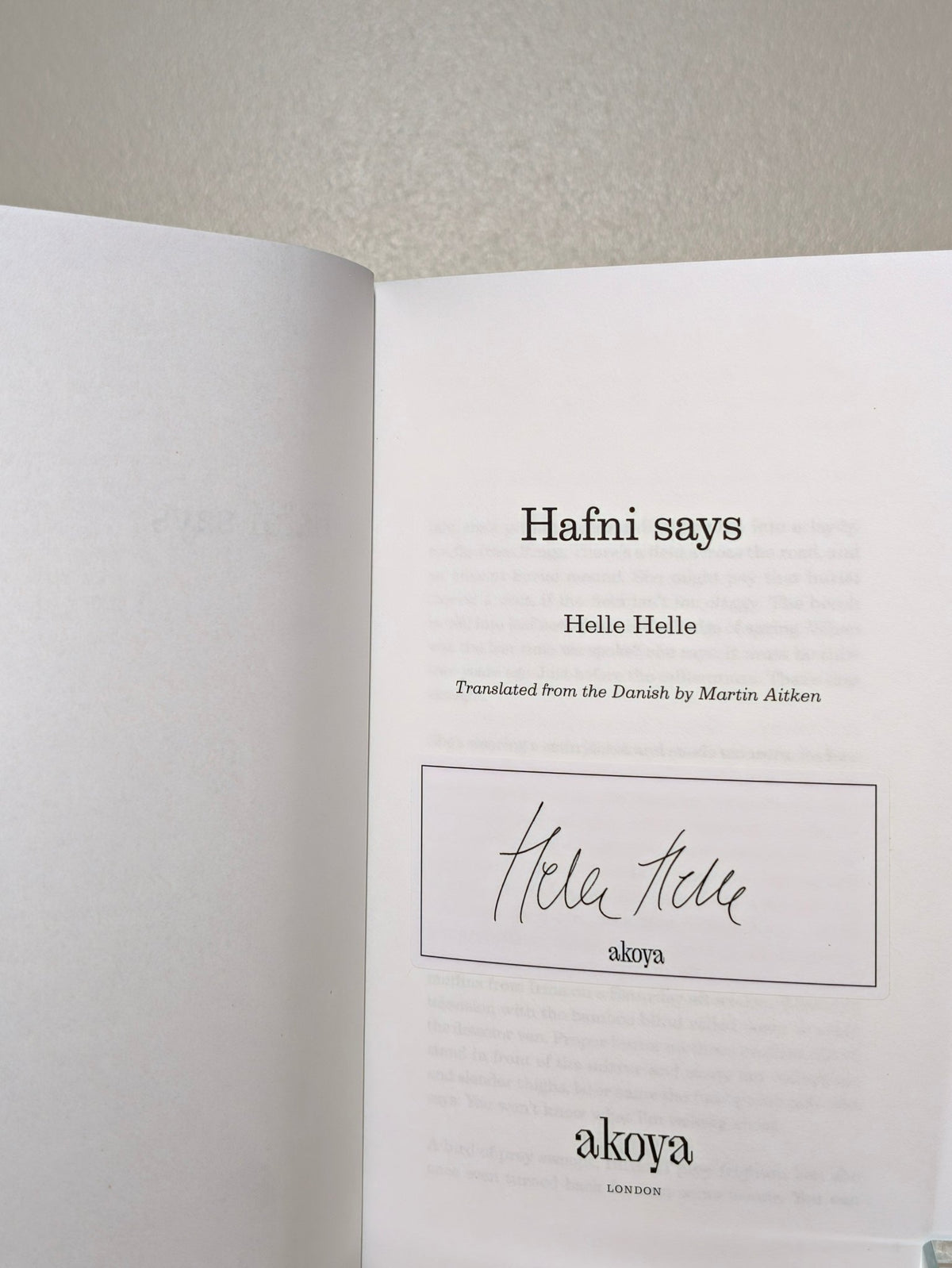 Hafni says by Helle Helle (Signed First Edition) - Fialta Books